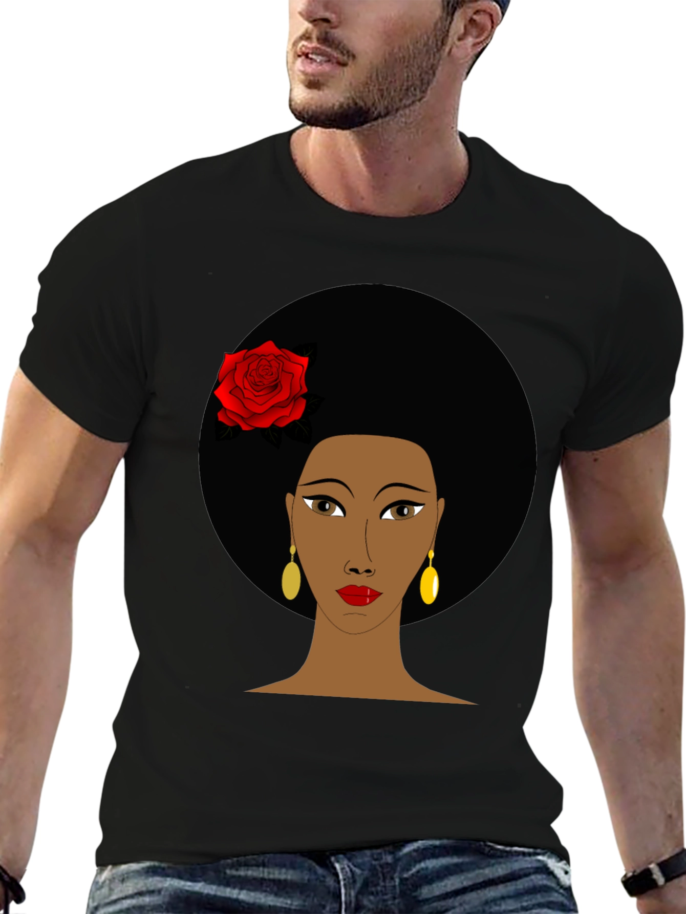 Afro Woman Rose Graphic Tee - Stylish Black T-Shirt