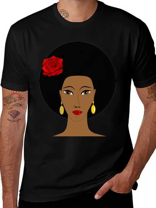Afro Woman Rose Graphic Tee - Stylish Black T-Shirt