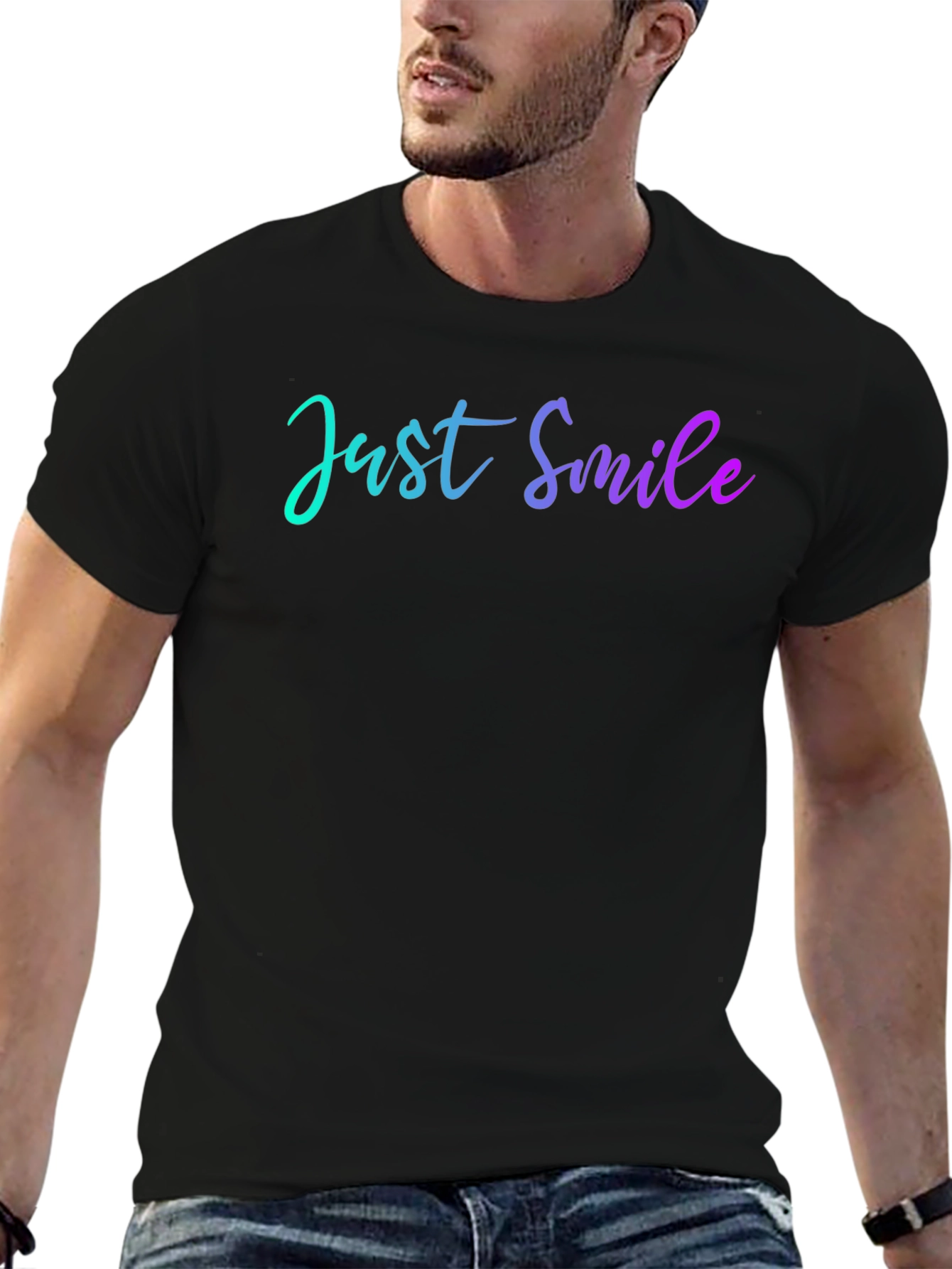 Just Smile Mens Black T-Shirt - Casual Graphic Tee