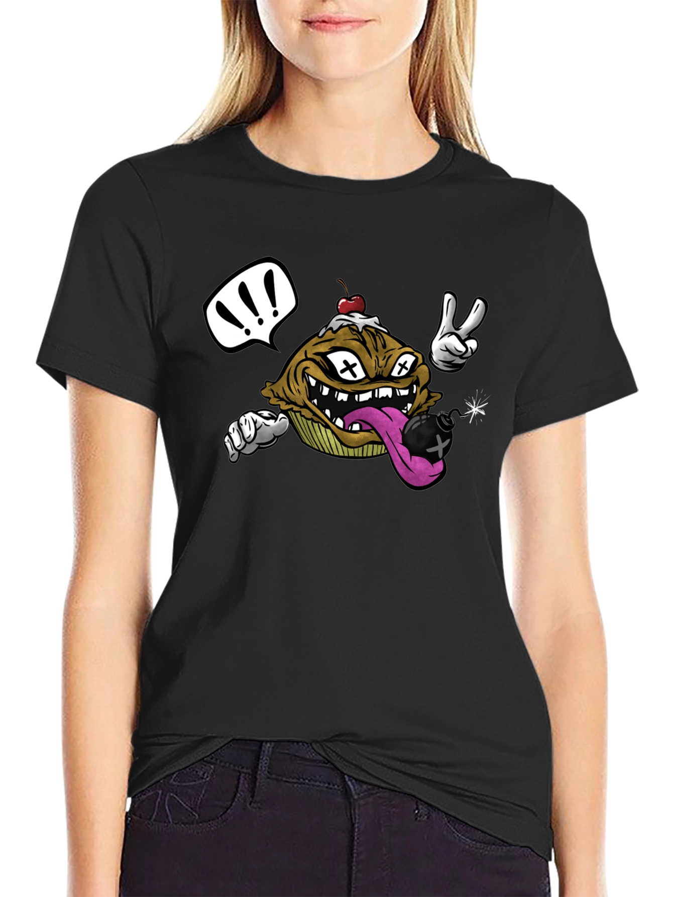 Cartoon Cupcake Bomb Black T-Shirt
