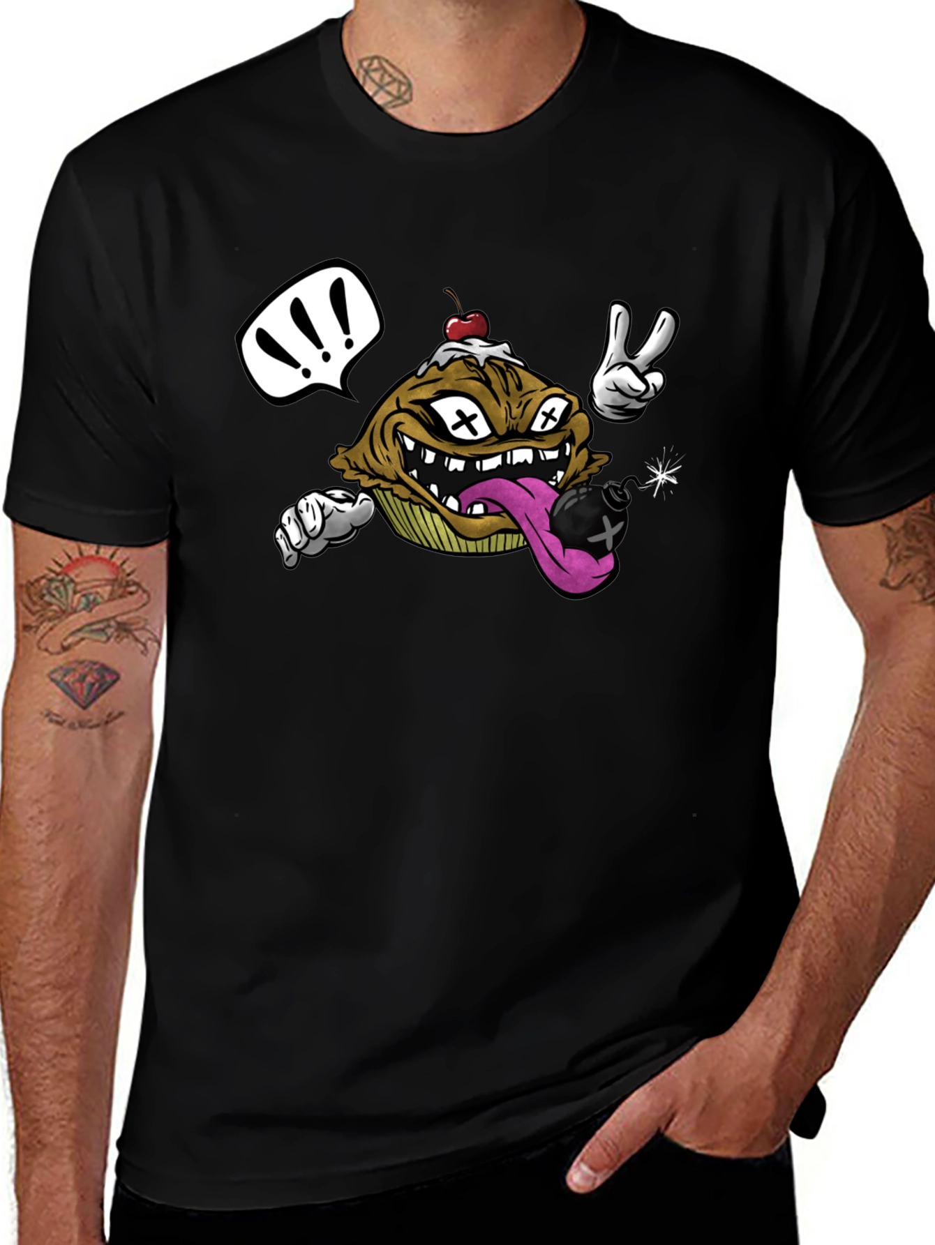 Cartoon Cupcake Bomb Black T-Shirt