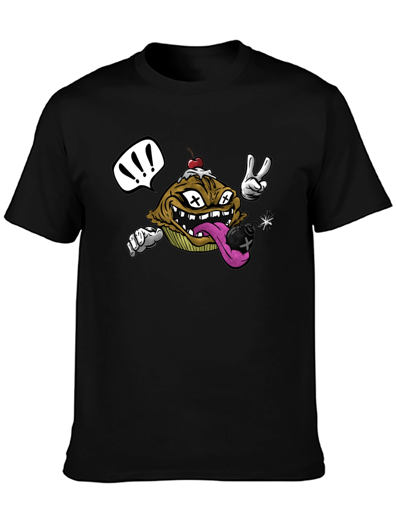 Cartoon Cupcake Bomb Black T-Shirt