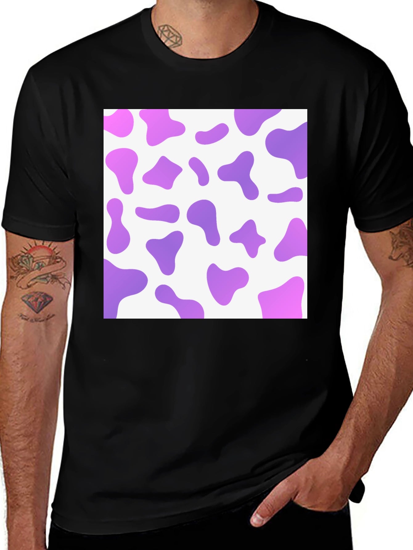 Purple Cow Print Mens Black T-Shirt