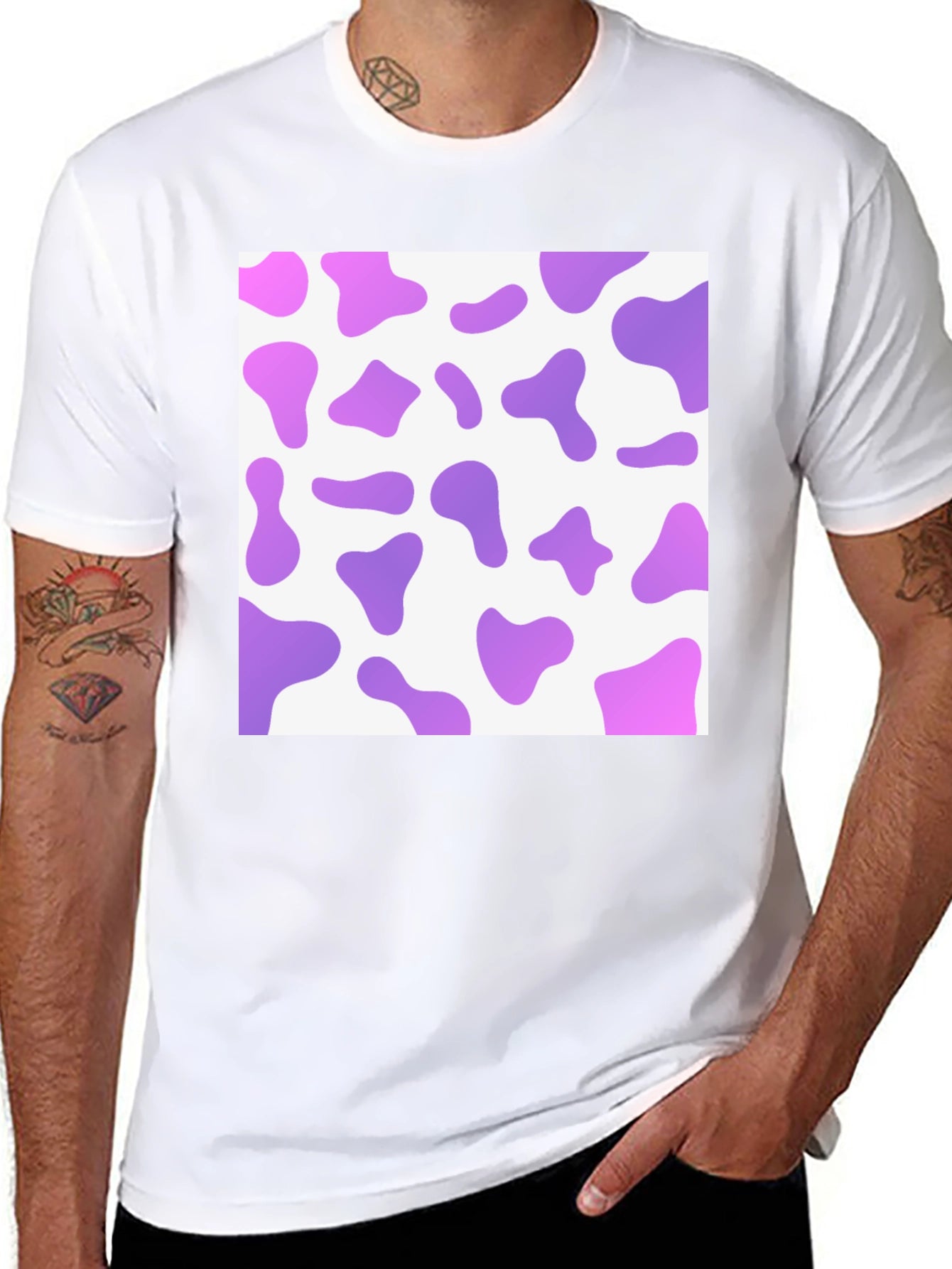 Purple Cow Print Mens Black T-Shirt