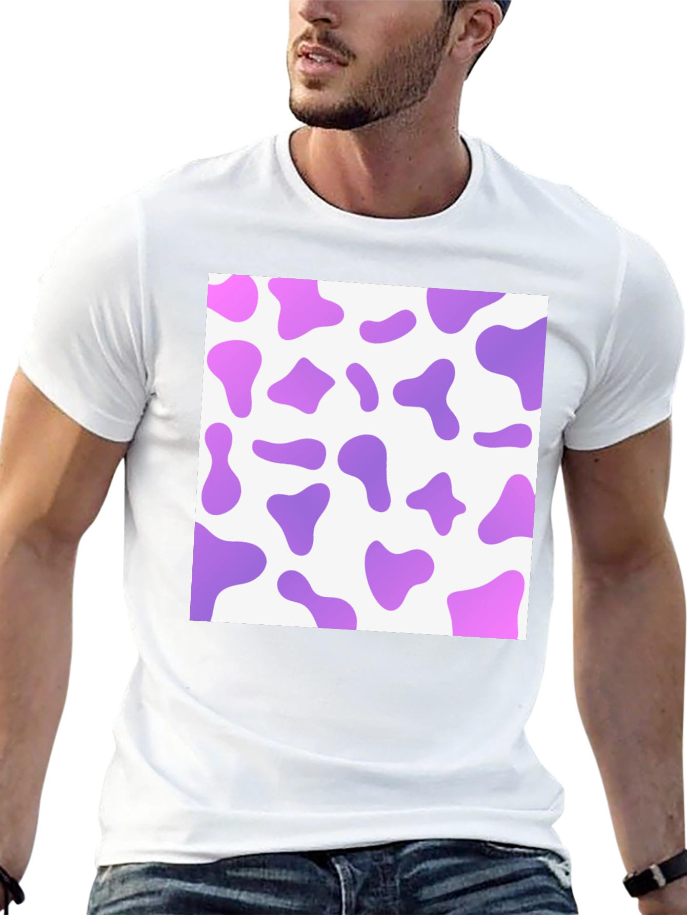 Purple Cow Print Mens Black T-Shirt