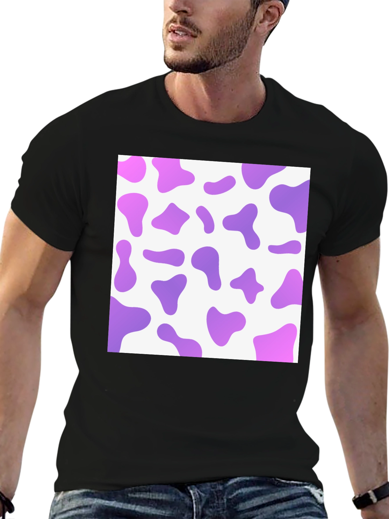 Purple Cow Print Mens Black T-Shirt