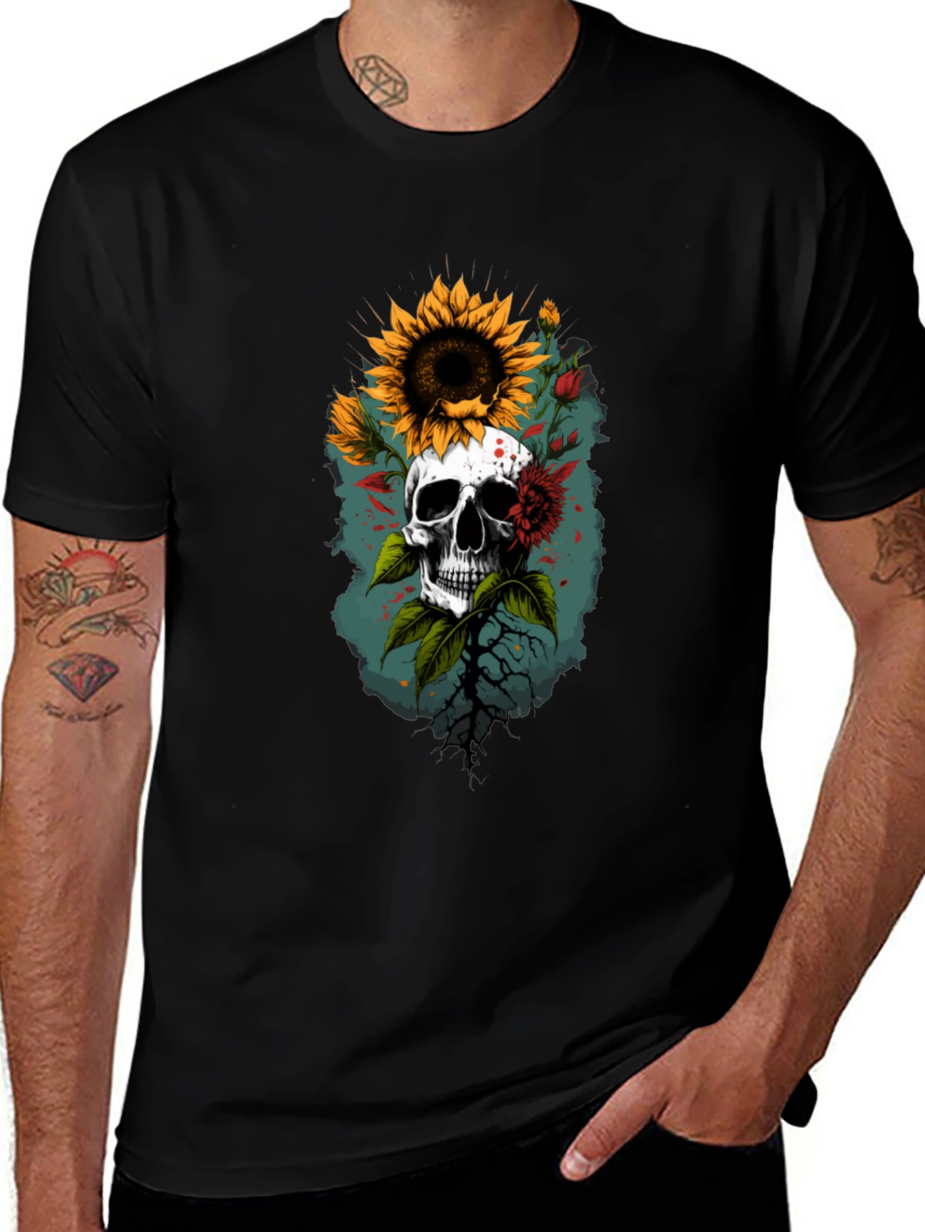 Skull & Sunflower Graphic T-Shirt - Unique Design