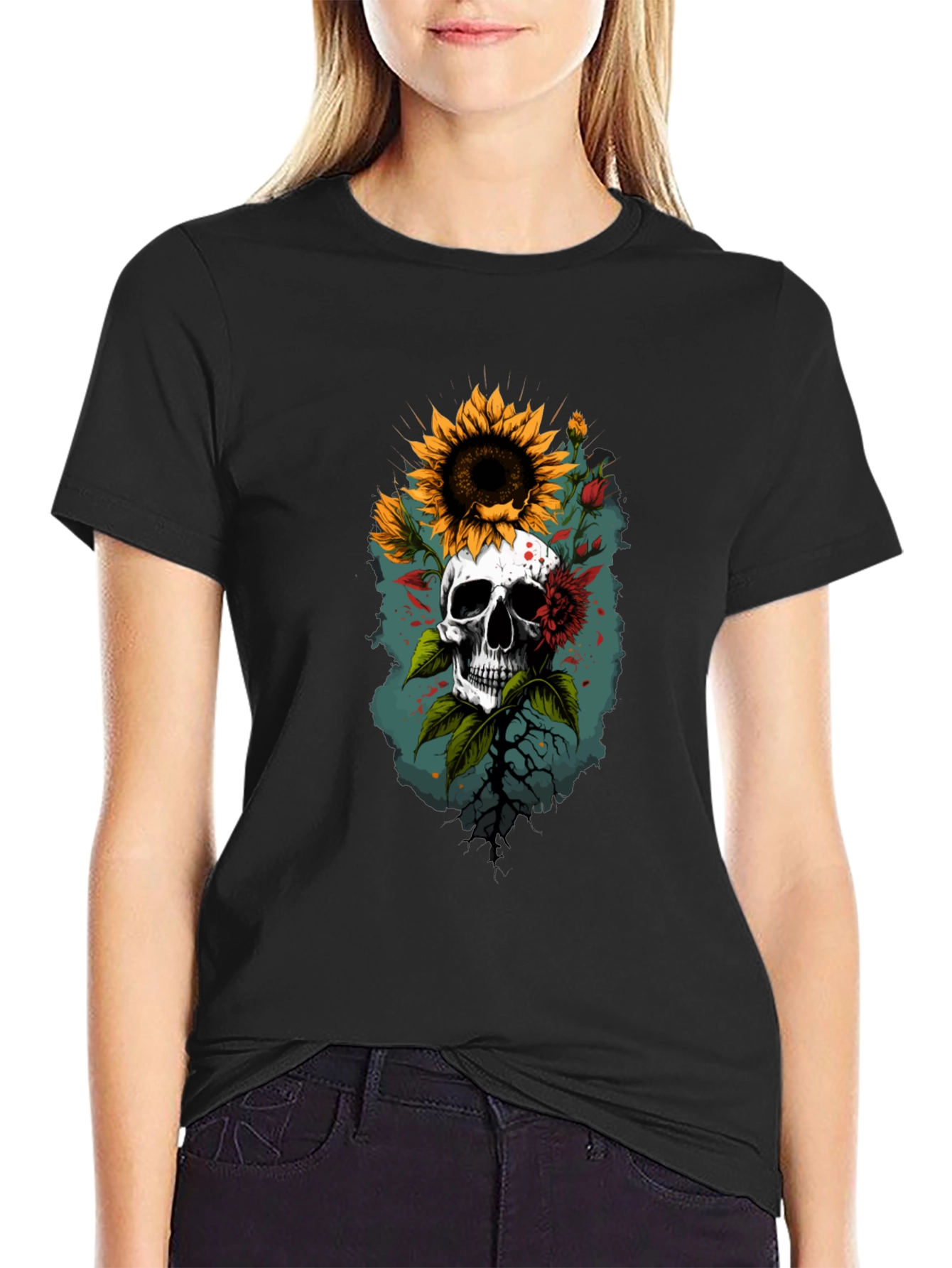 Skull & Sunflower Graphic T-Shirt - Unique Design