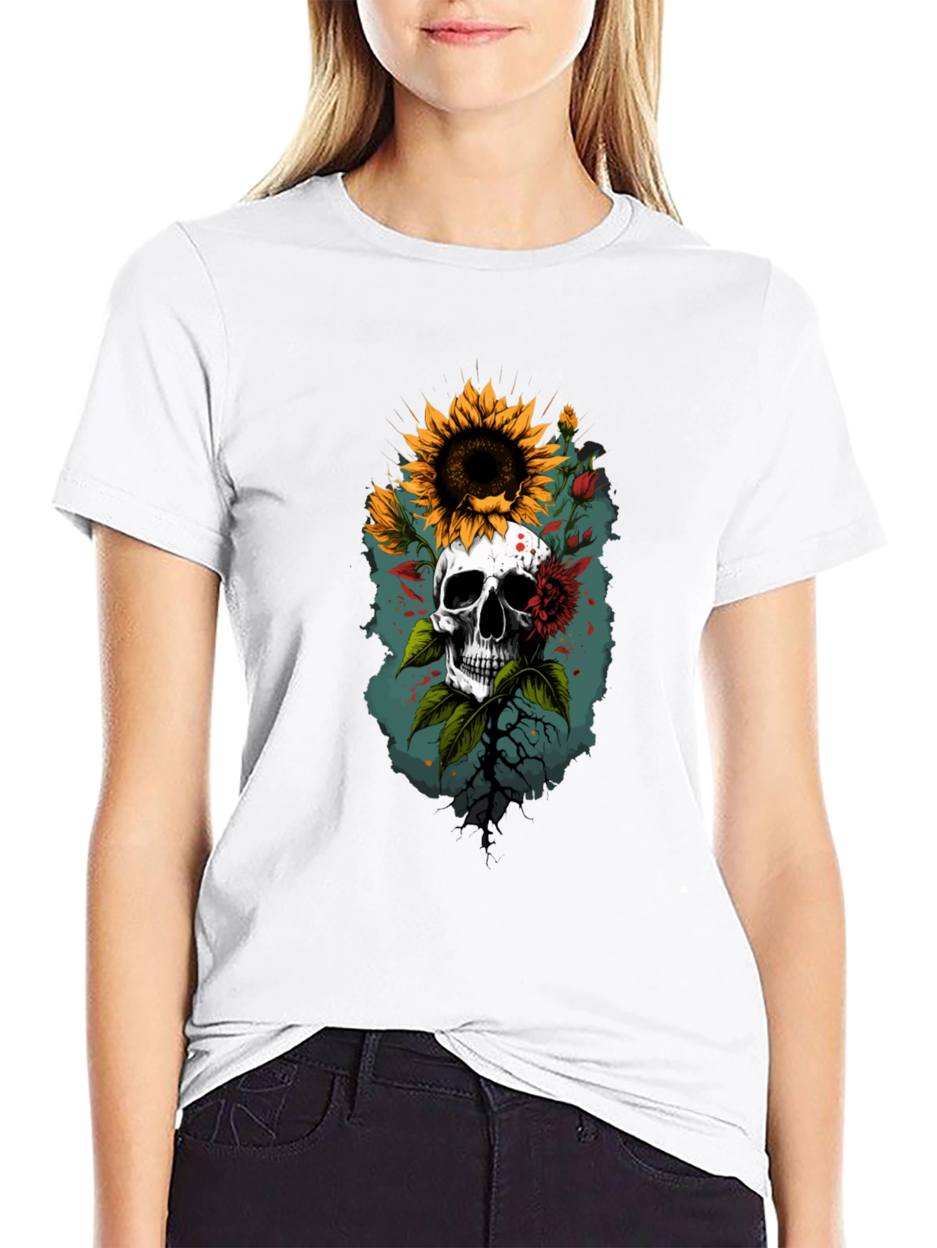 Skull & Sunflower Graphic T-Shirt - Unique Design