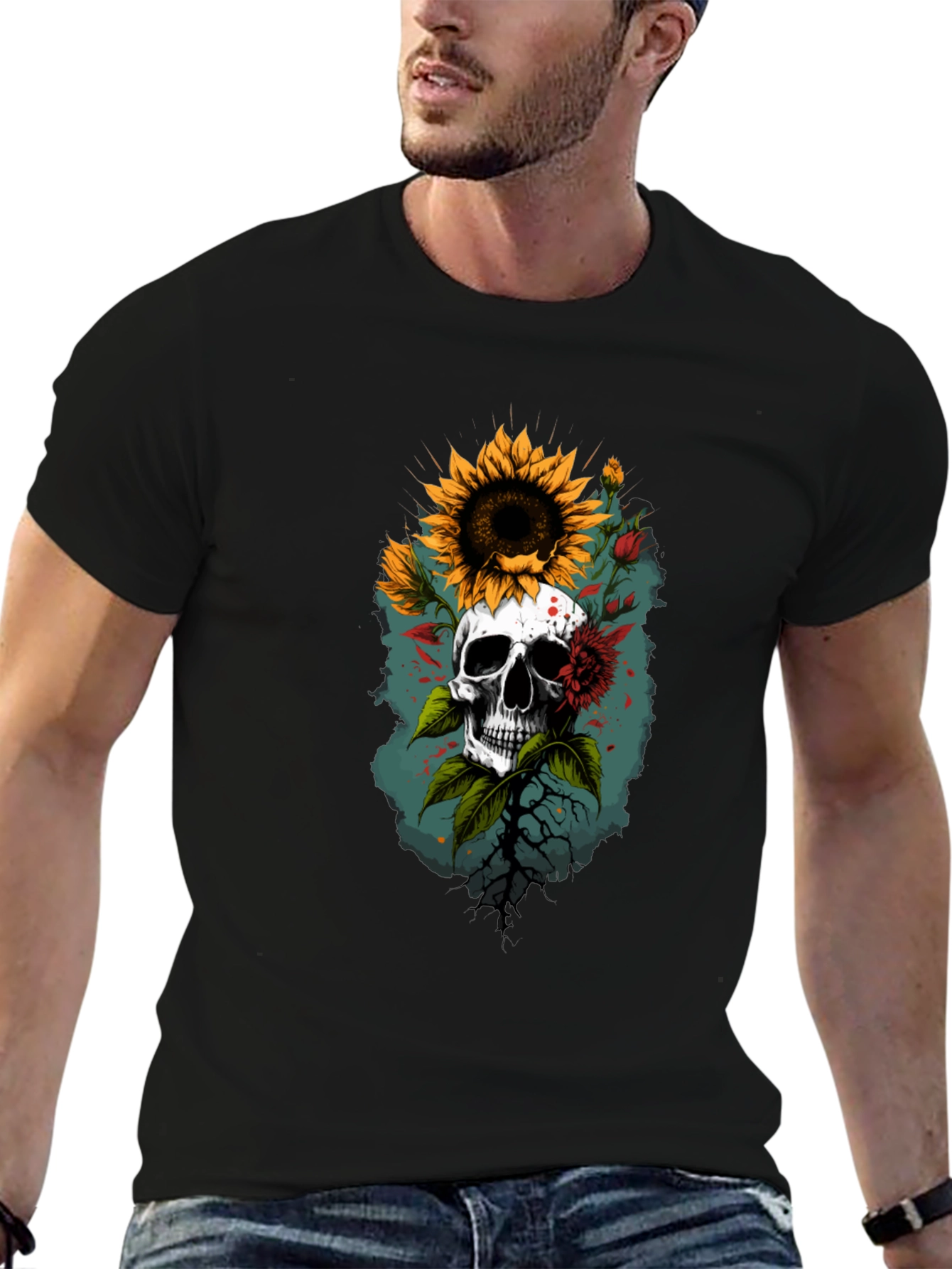 Skull & Sunflower Graphic T-Shirt - Unique Design