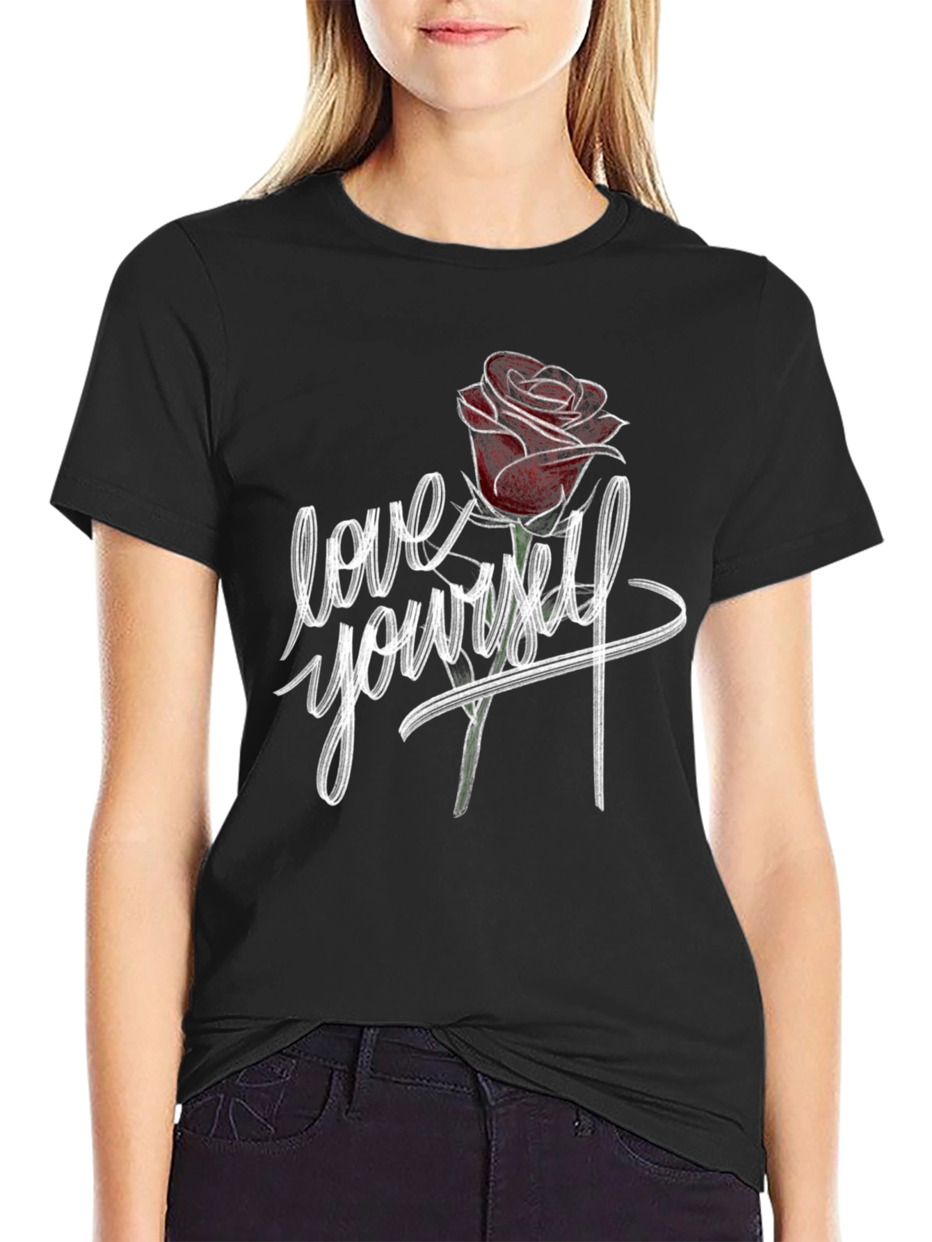 Love Yourself Rose Graphic Black T-Shirt