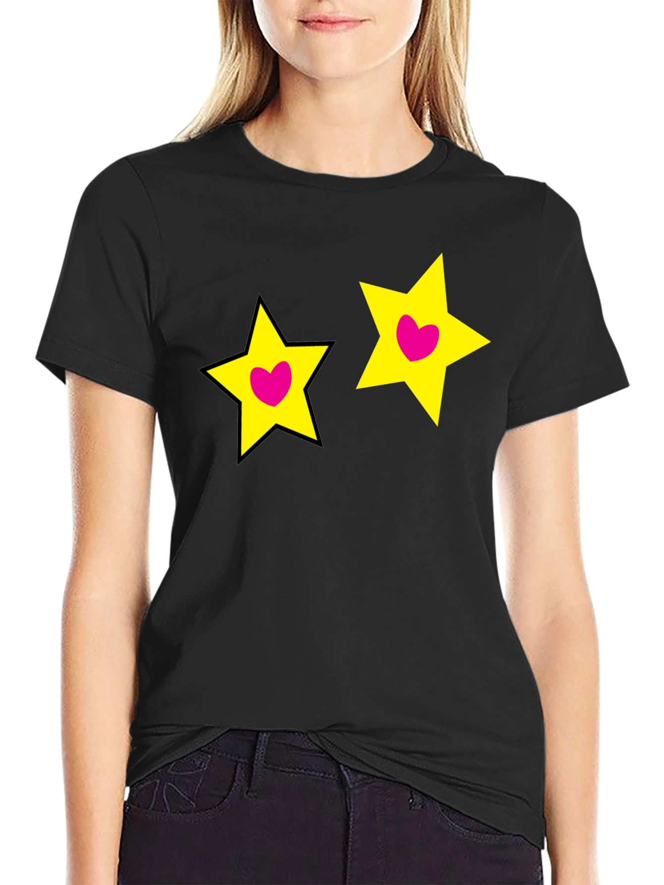 Cute Star Heart Graphic Black Tee