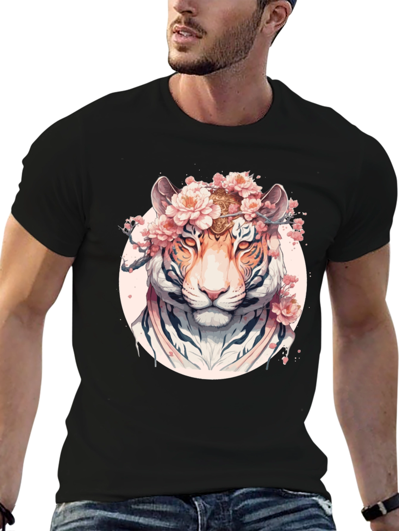 Floral Tiger Graphic Black T-Shirt