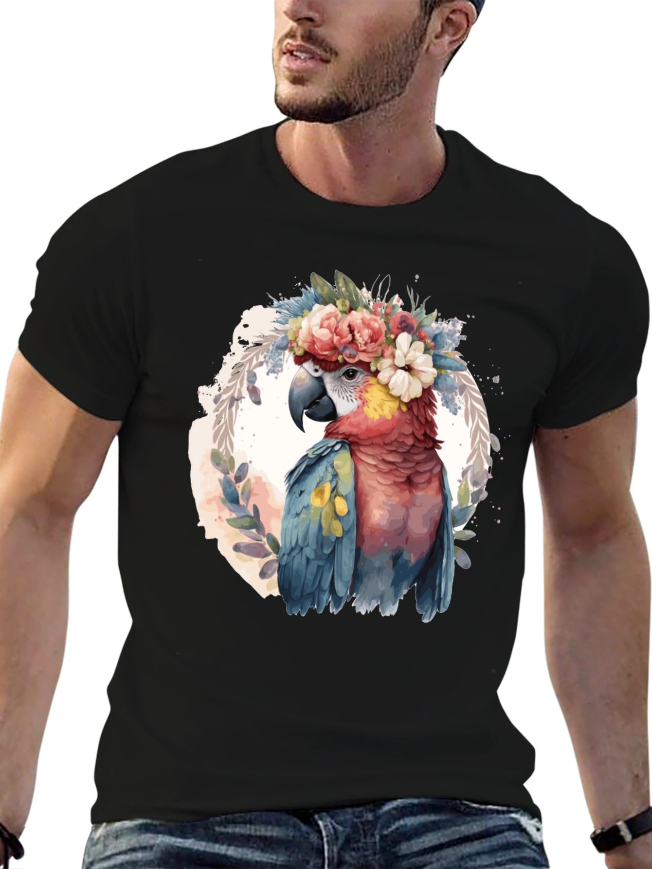 Parrot Floral Crown T-Shirt - Mens Black Tee