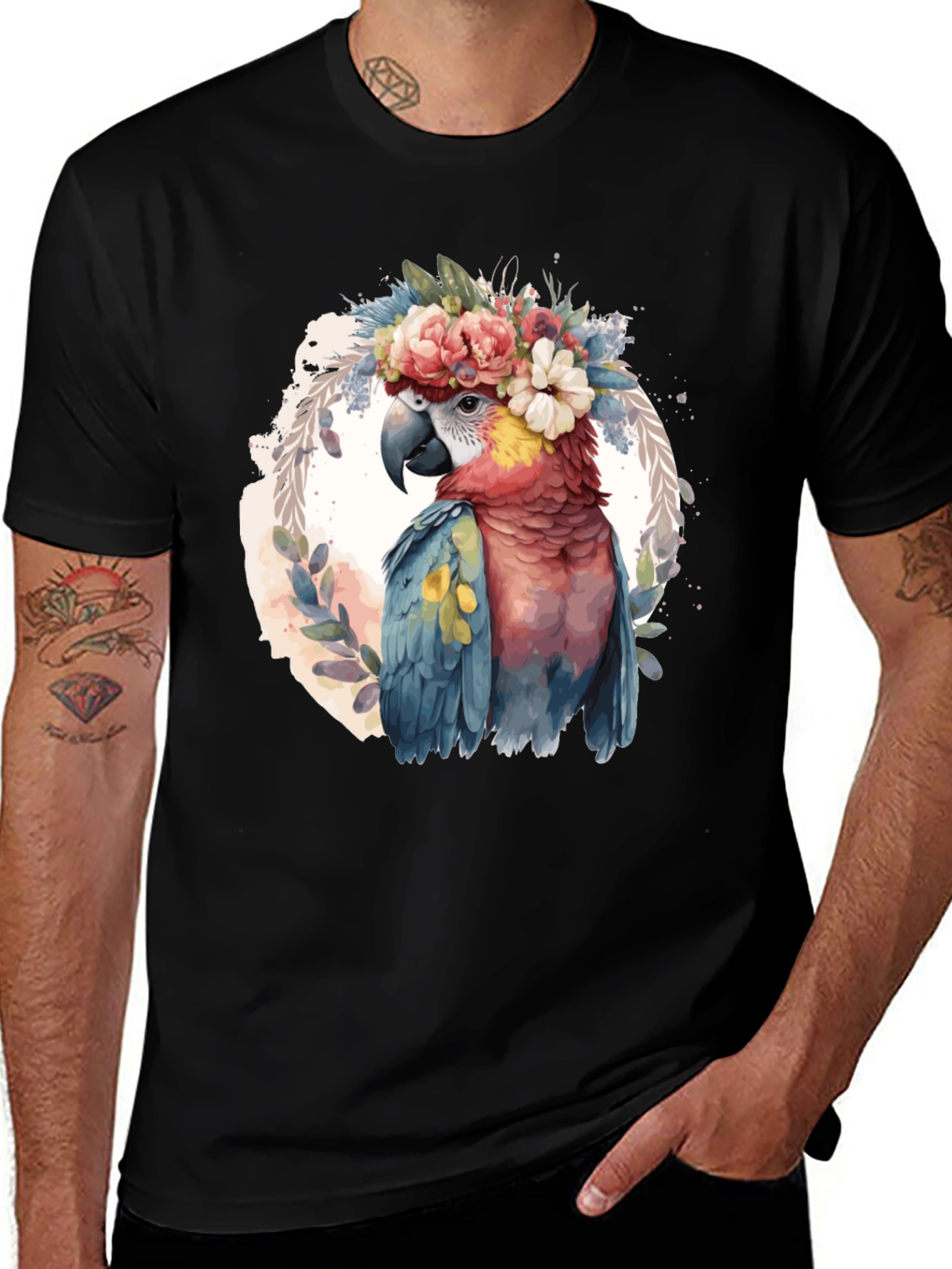 Parrot Floral Crown T-Shirt - Mens Black Tee