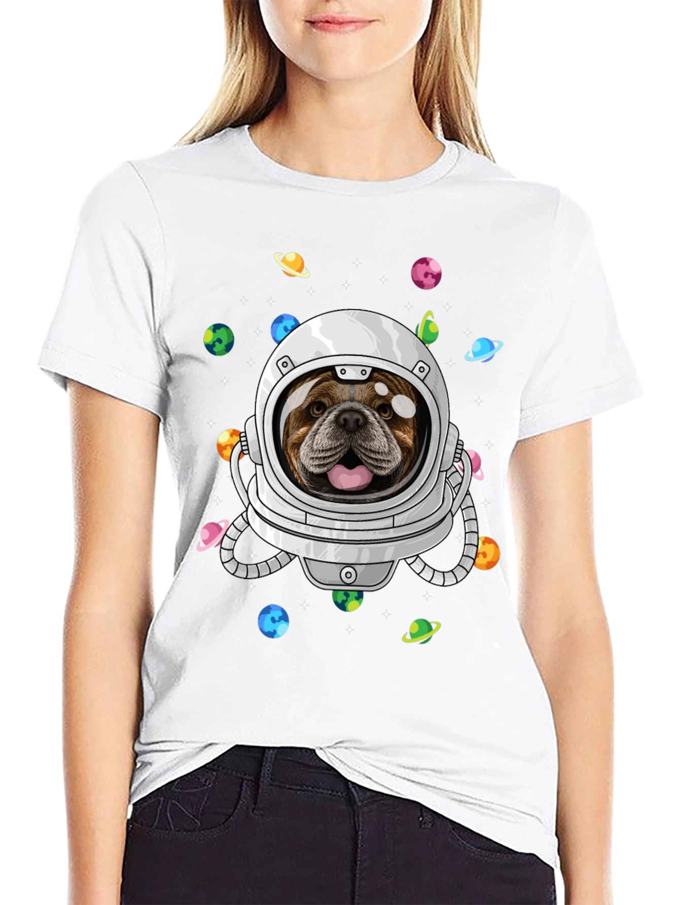 Bulldog Astronaut Graphic Tee - Space Dog Shirt