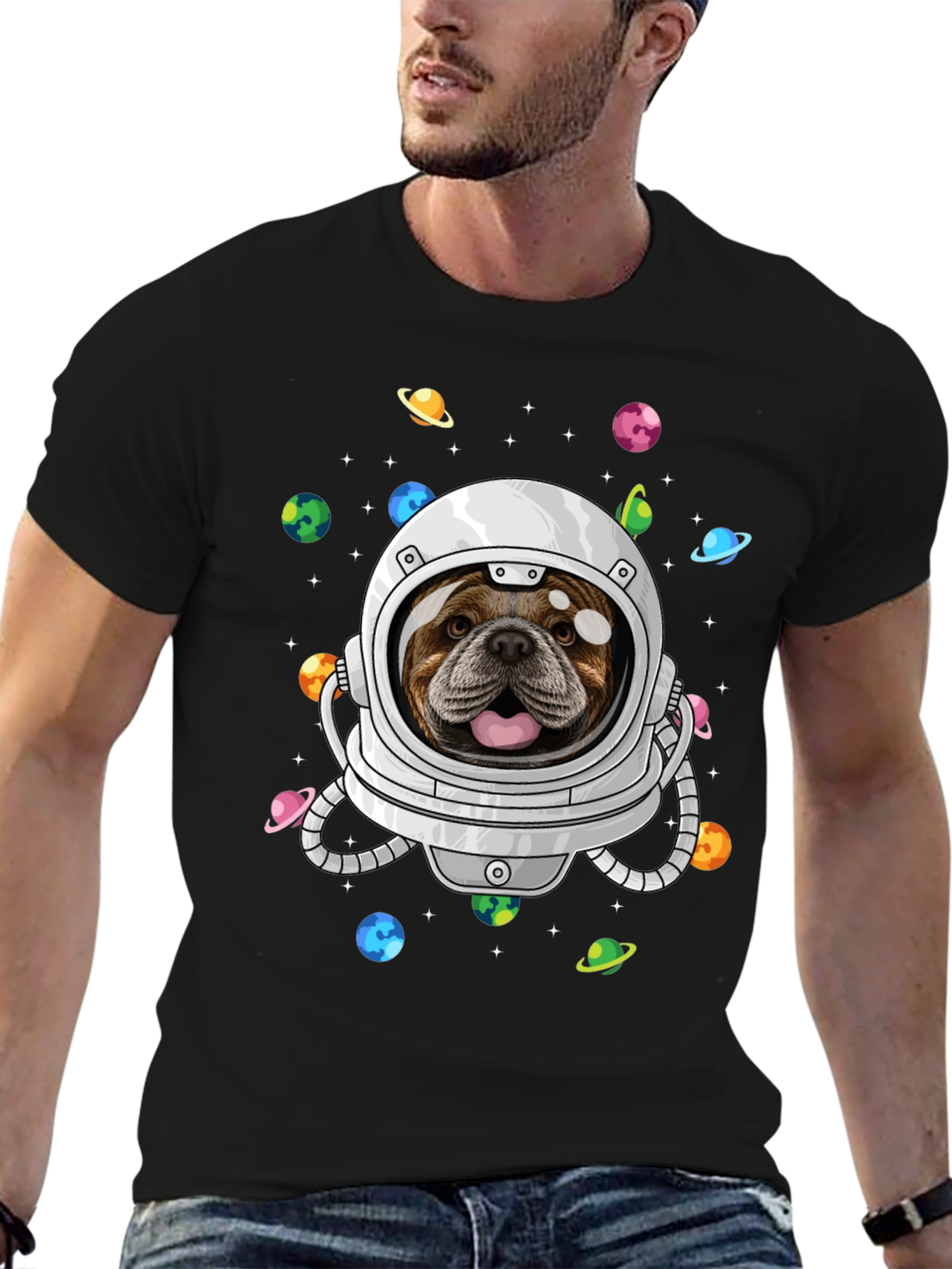 Bulldog Astronaut Graphic Tee - Space Dog Shirt