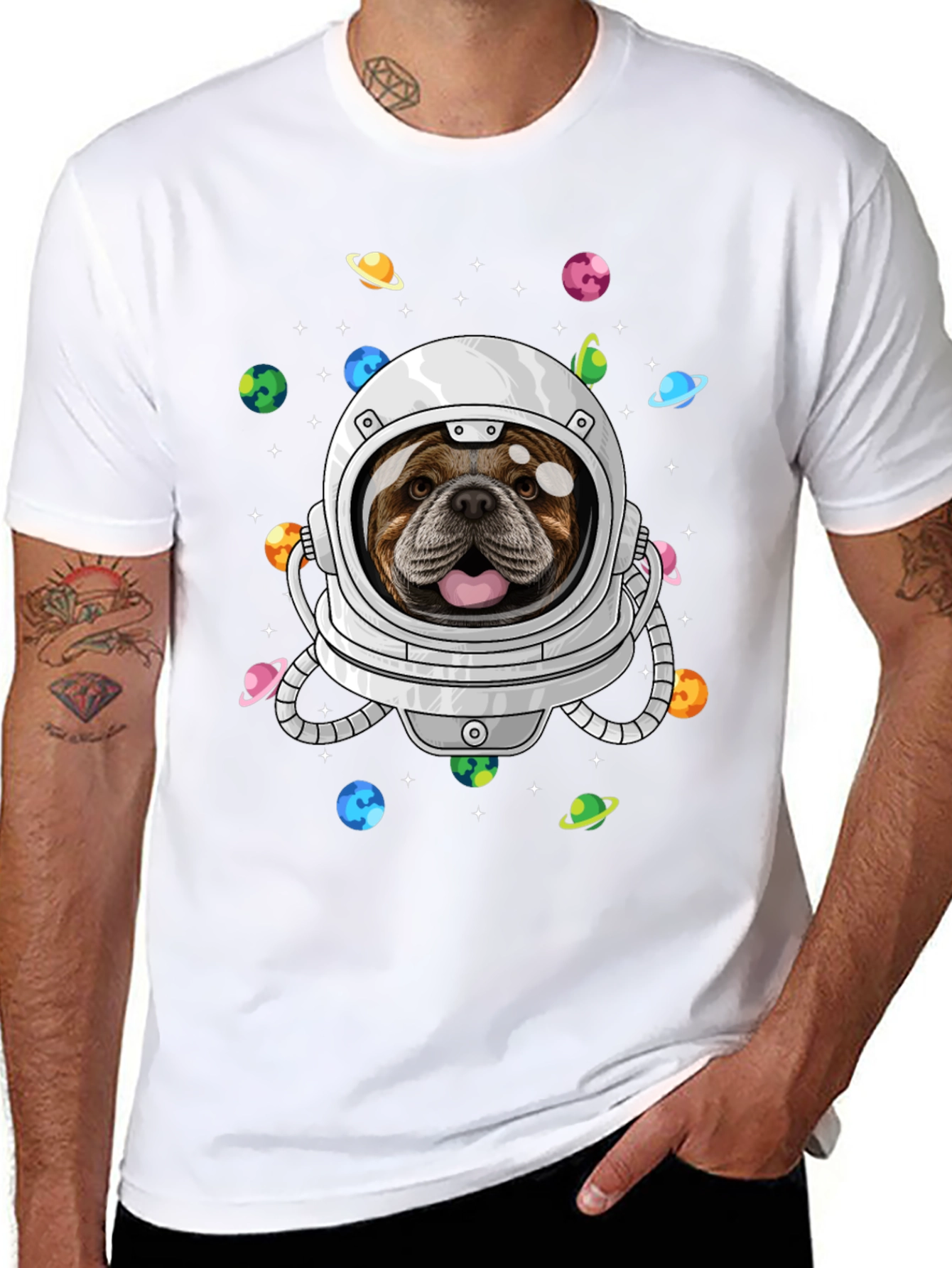Bulldog Astronaut Graphic Tee - Space Dog Shirt