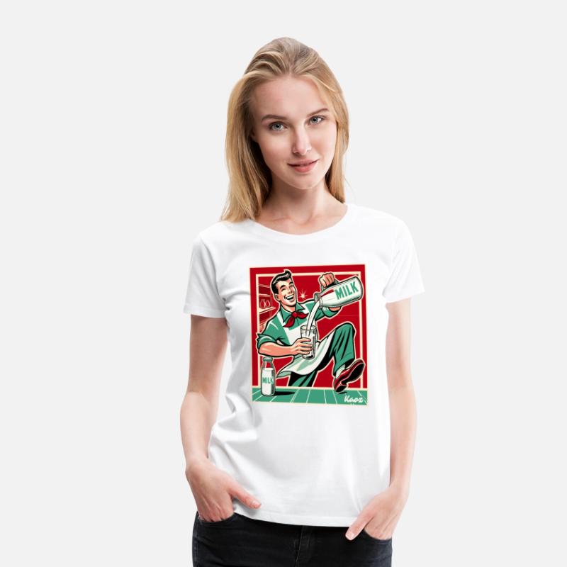 Retro man pouring milk with big smile