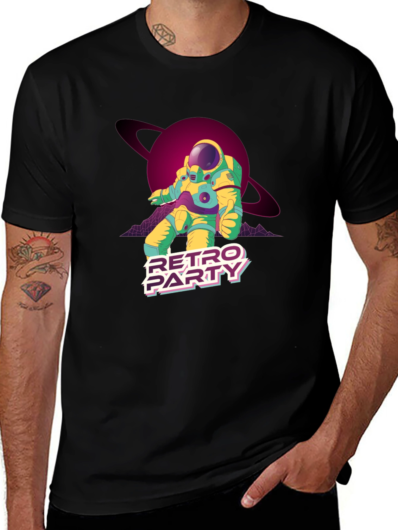 Retro Party Astronaut Graphic Tee - Classic Black Cotton