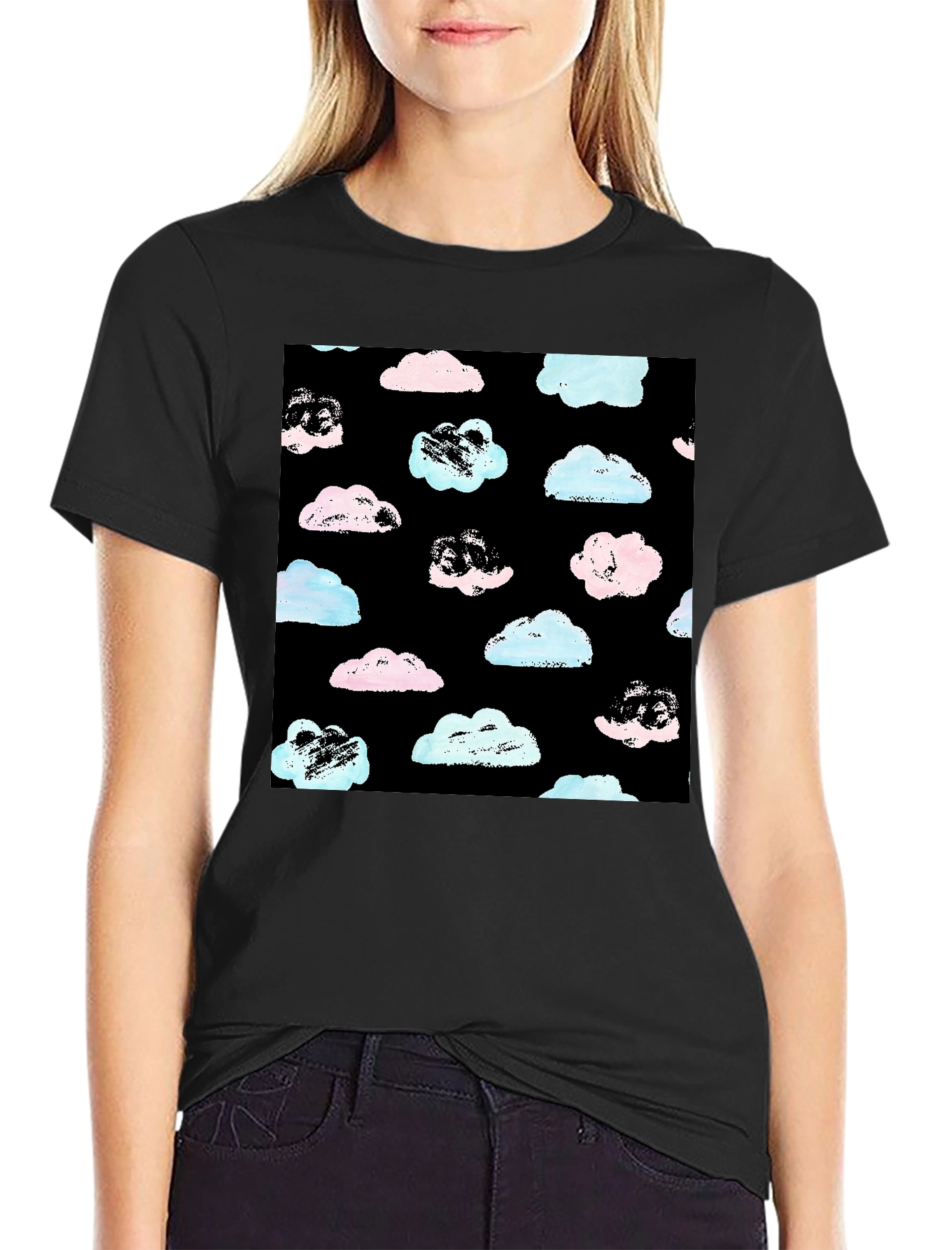 Cloud Print Black Crew Neck T-Shirt