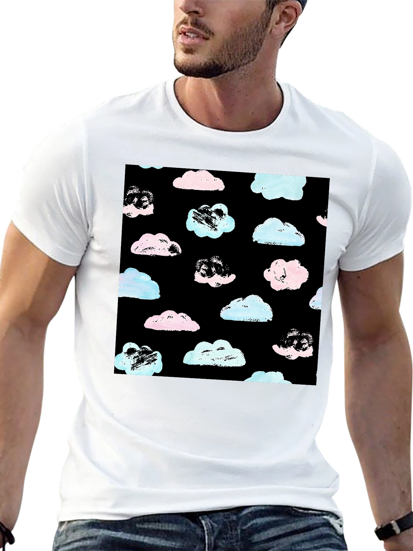 Cloud Print Black Crew Neck T-Shirt