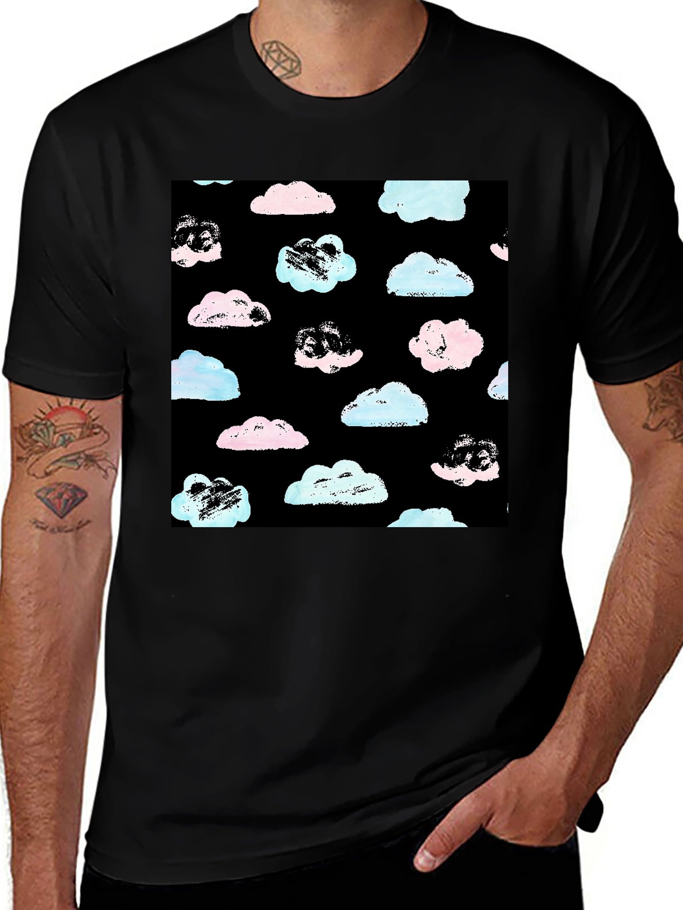 Cloud Print Black Crew Neck T-Shirt