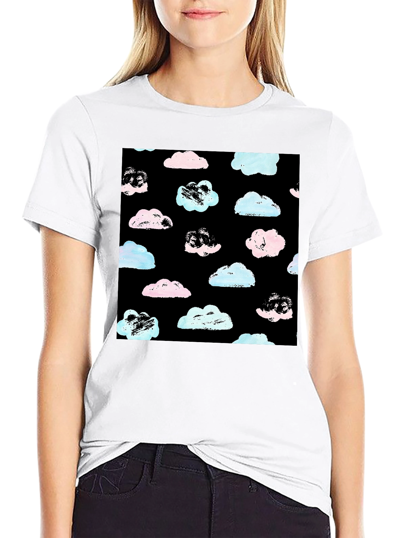 Cloud Print Black Crew Neck T-Shirt