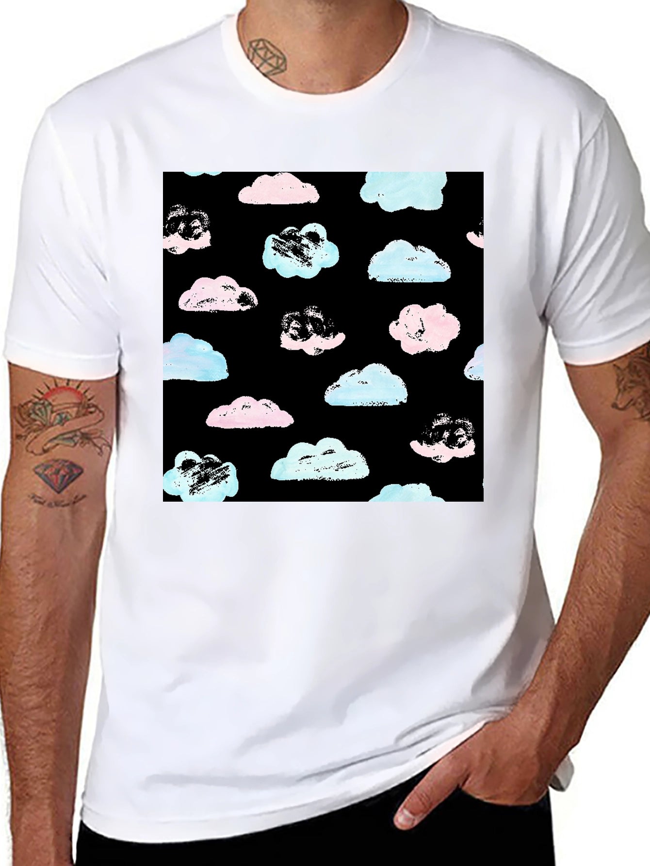 Cloud Print Black Crew Neck T-Shirt