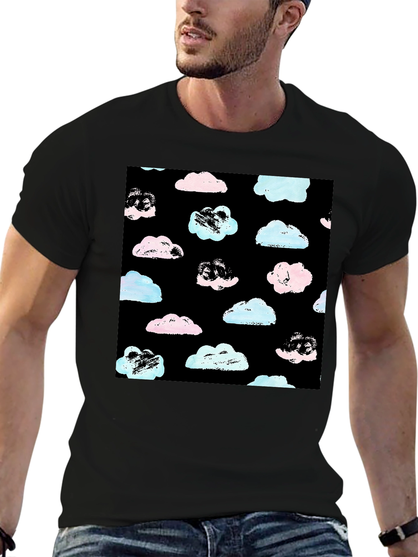 Cloud Print Black Crew Neck T-Shirt