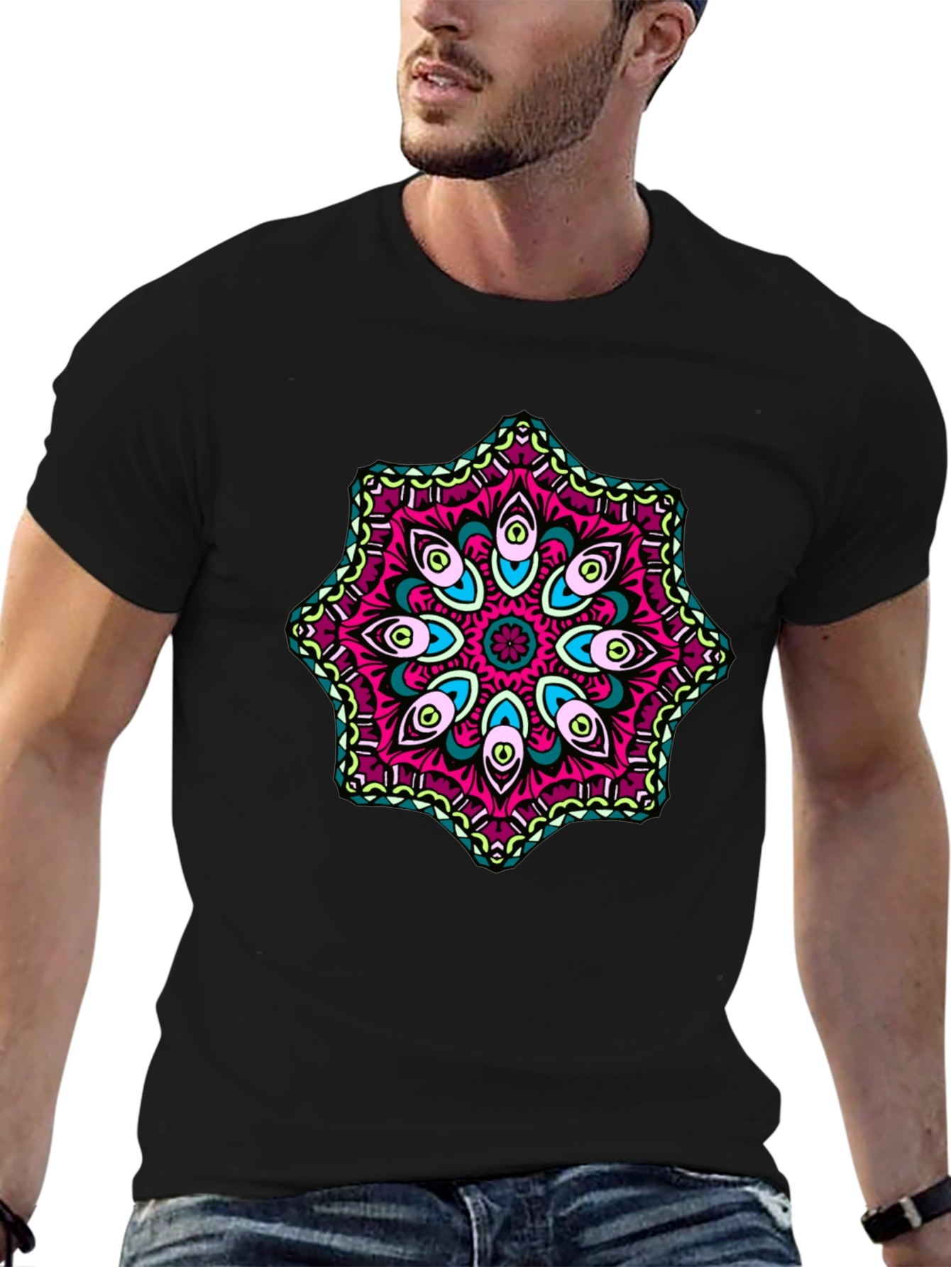 Mens Black T-Shirt with Mandala Design