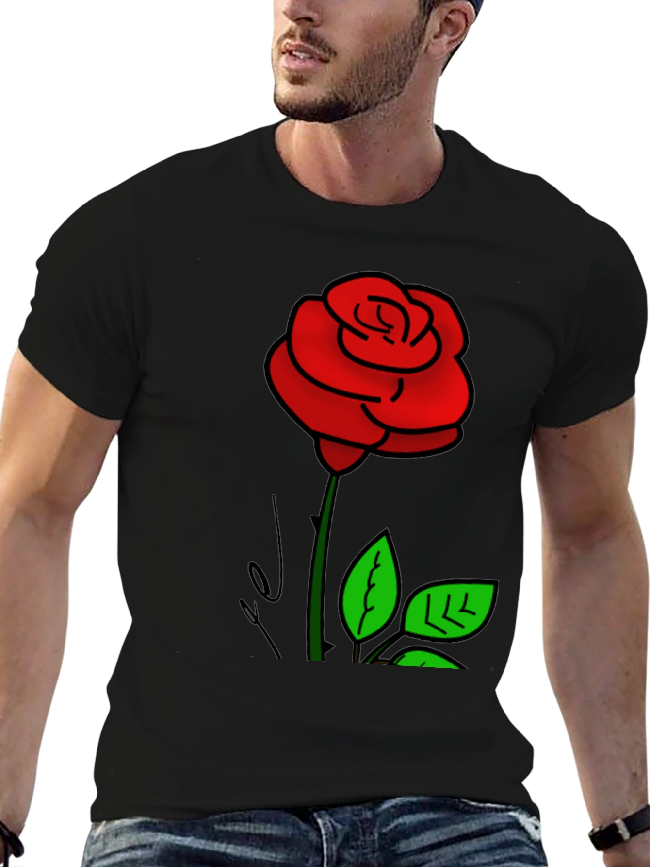 Black T-Shirt with Rose Graphic Print