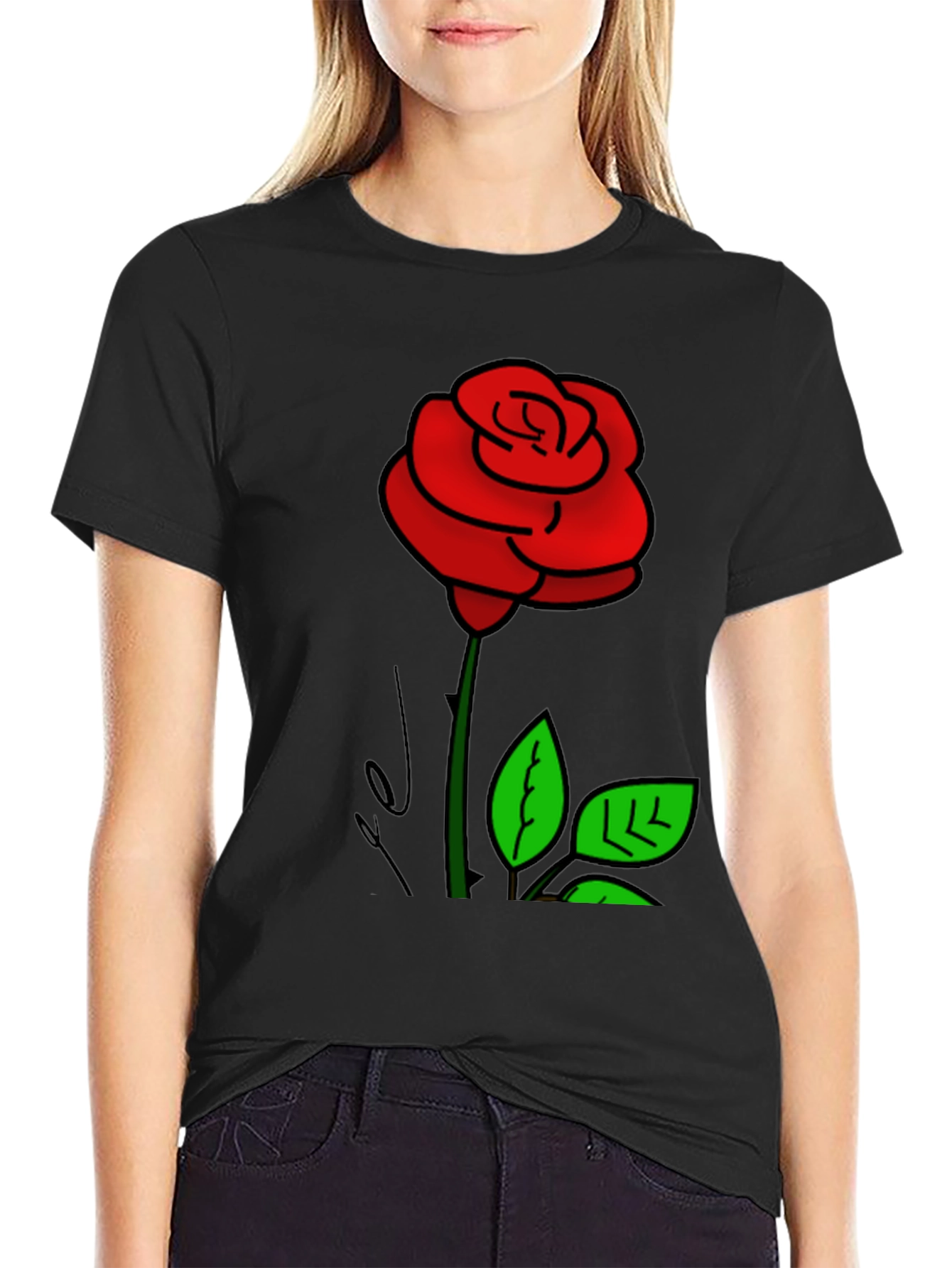 Black T-Shirt with Rose Graphic Print