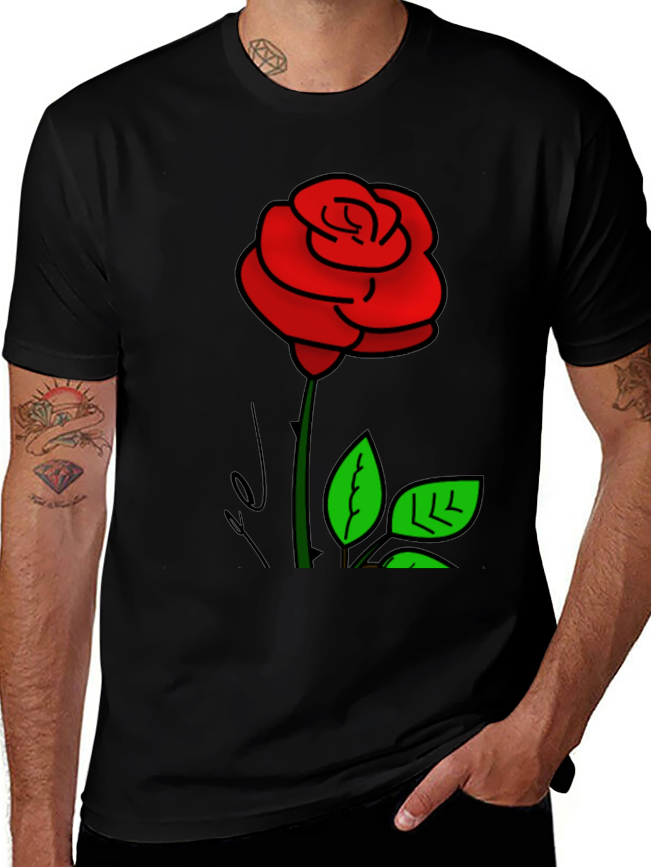 Black T-Shirt with Rose Graphic Print