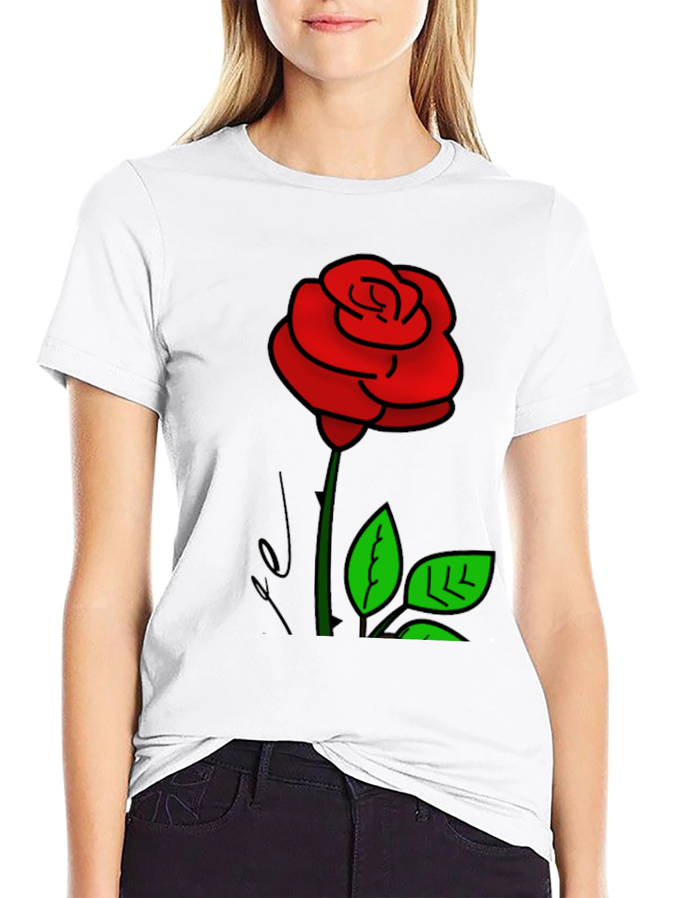 Black T-Shirt with Rose Graphic Print