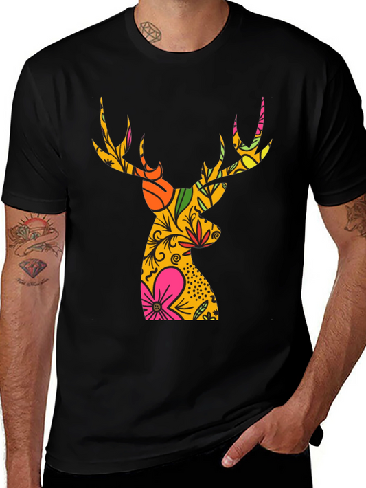 Floral Deer Graphic T-Shirt - Mens Black Tee