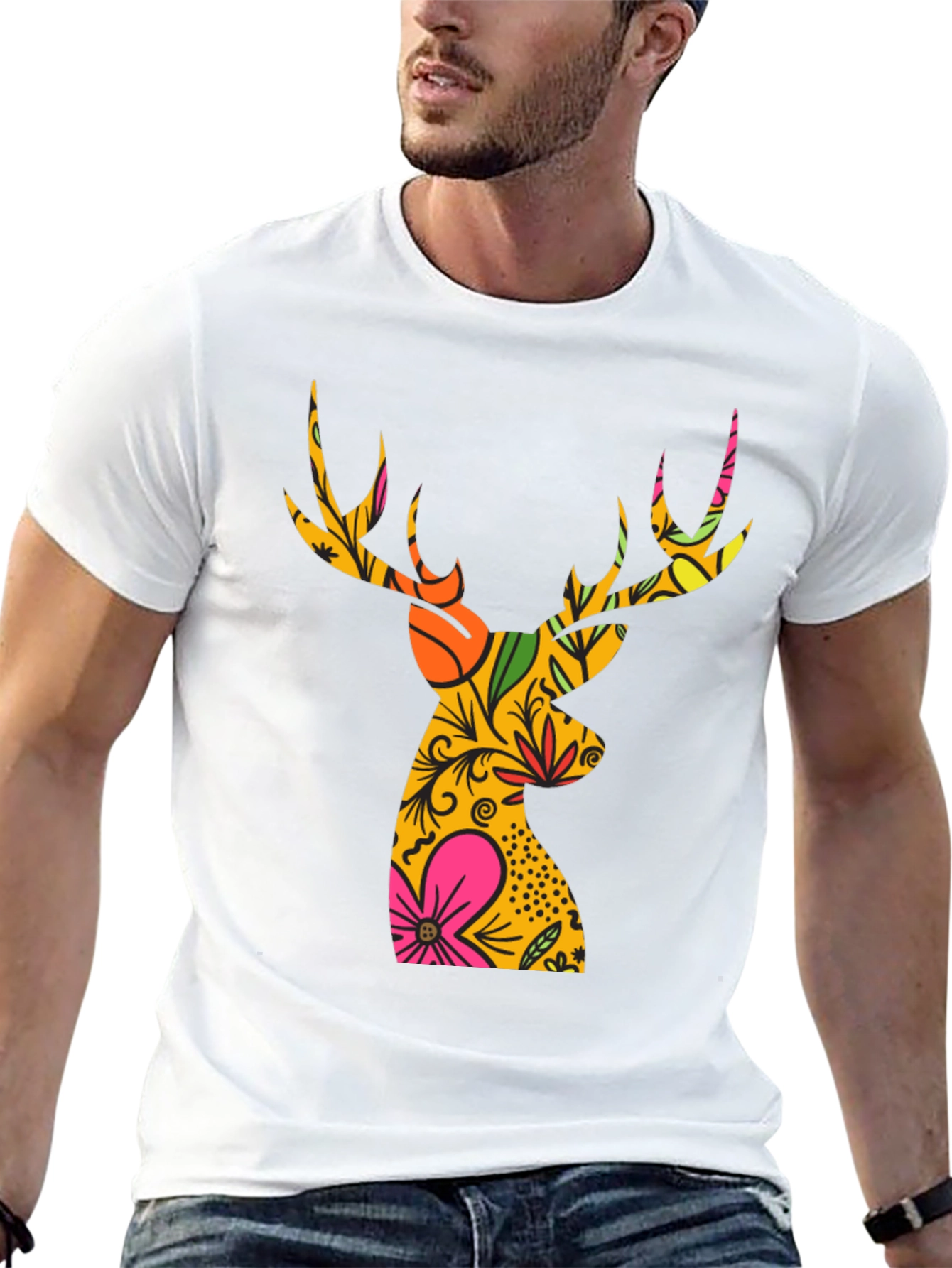 Floral Deer Graphic T-Shirt - Mens Black Tee