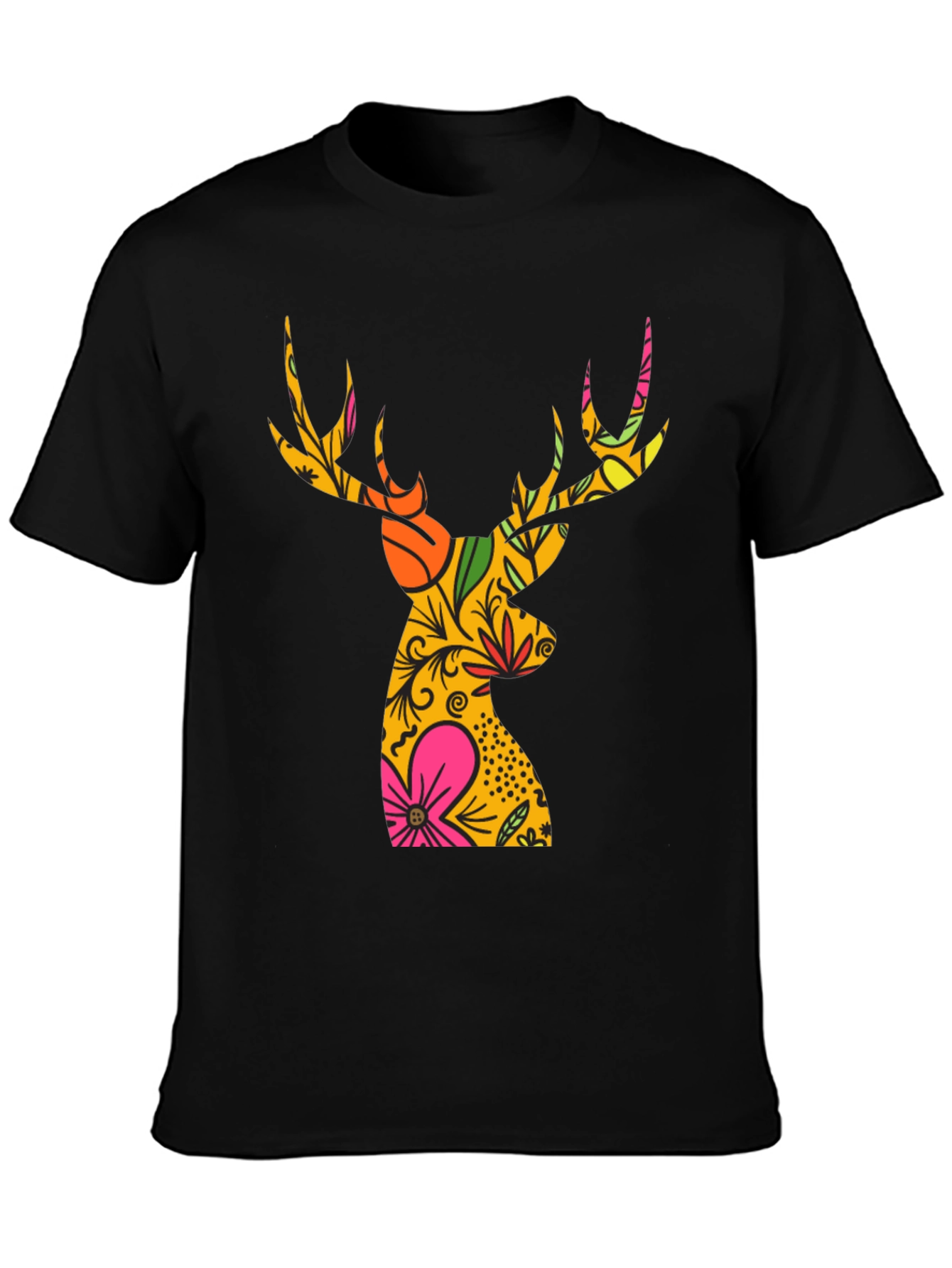Floral Deer Graphic T-Shirt - Mens Black Tee