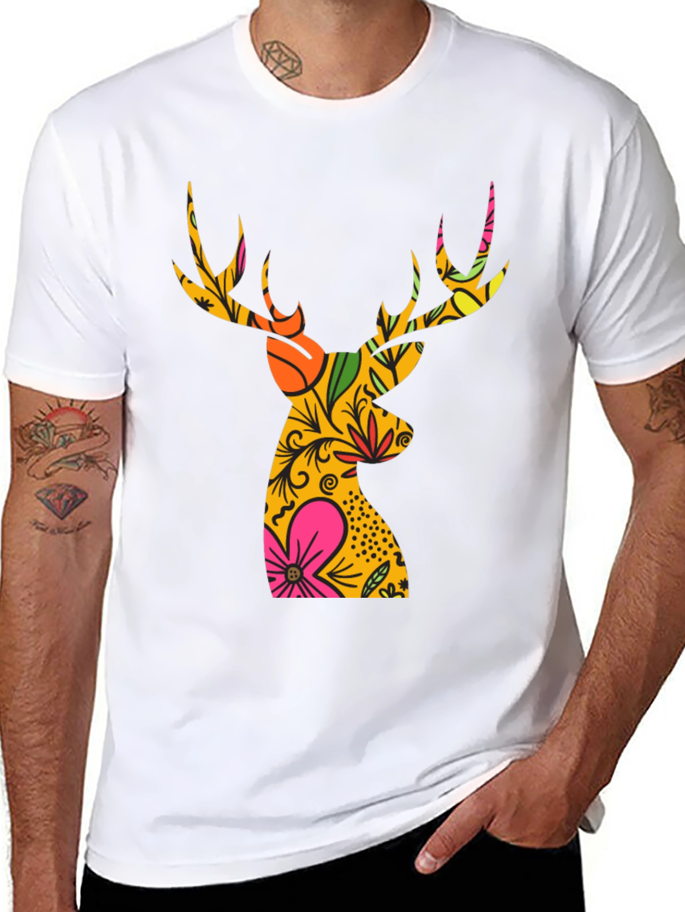 Floral Deer Graphic T-Shirt - Mens Black Tee
