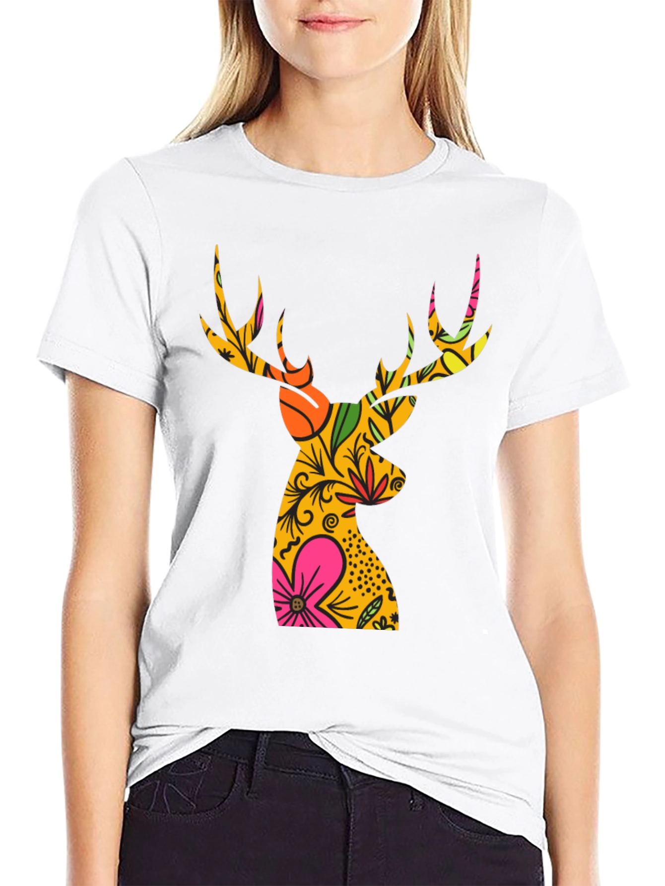 Floral Deer Graphic T-Shirt - Mens Black Tee