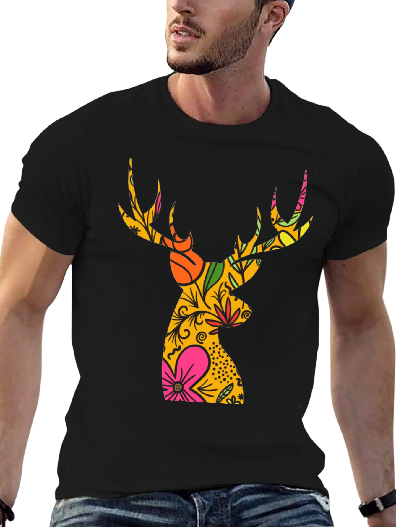Floral Deer Graphic T-Shirt - Mens Black Tee