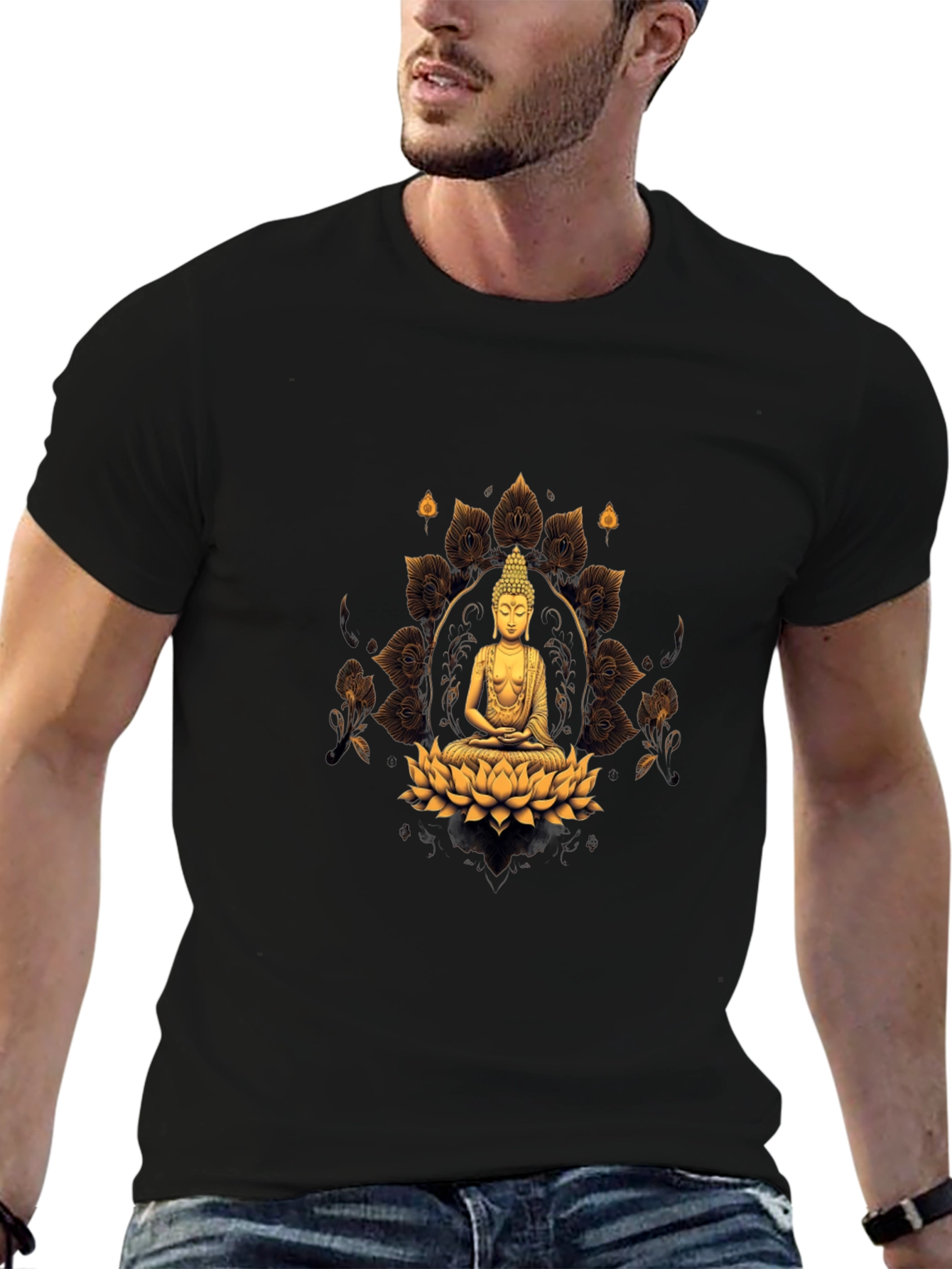 Buddha Lotus Flower Graphic Print Black T-Shirt