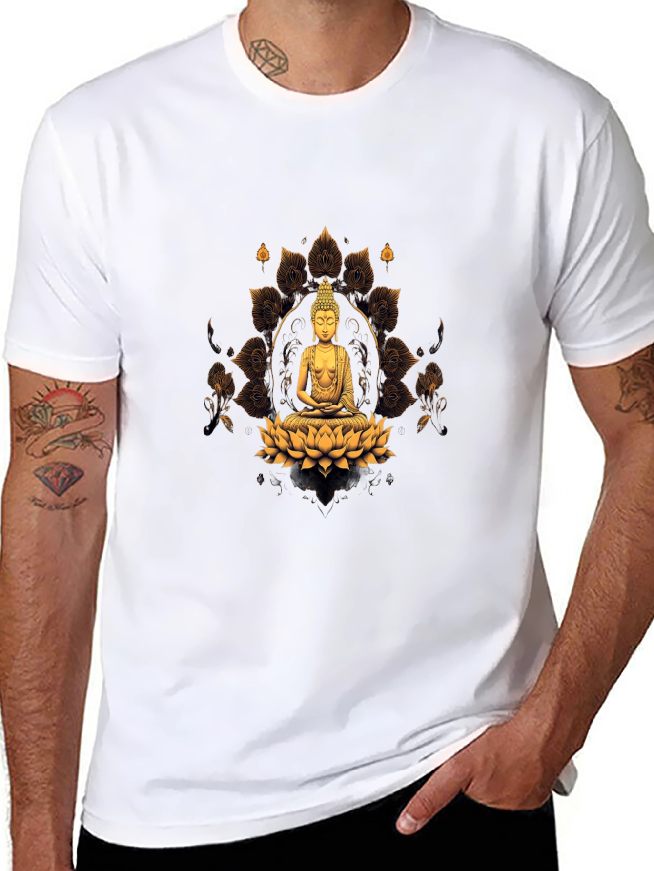 Buddha Lotus Flower Graphic Print Black T-Shirt