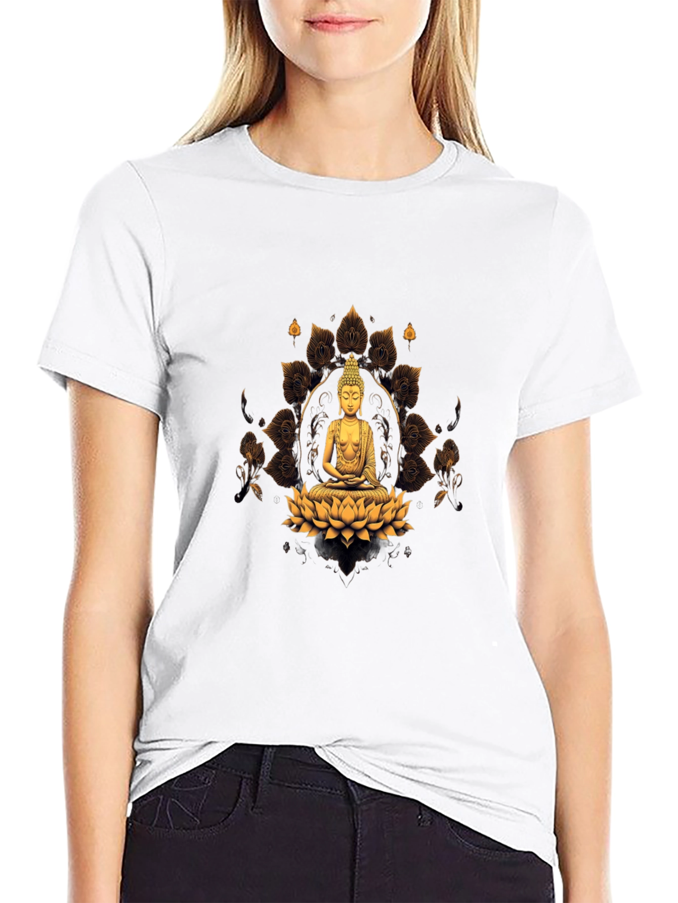 Buddha Lotus Flower Graphic Print Black T-Shirt