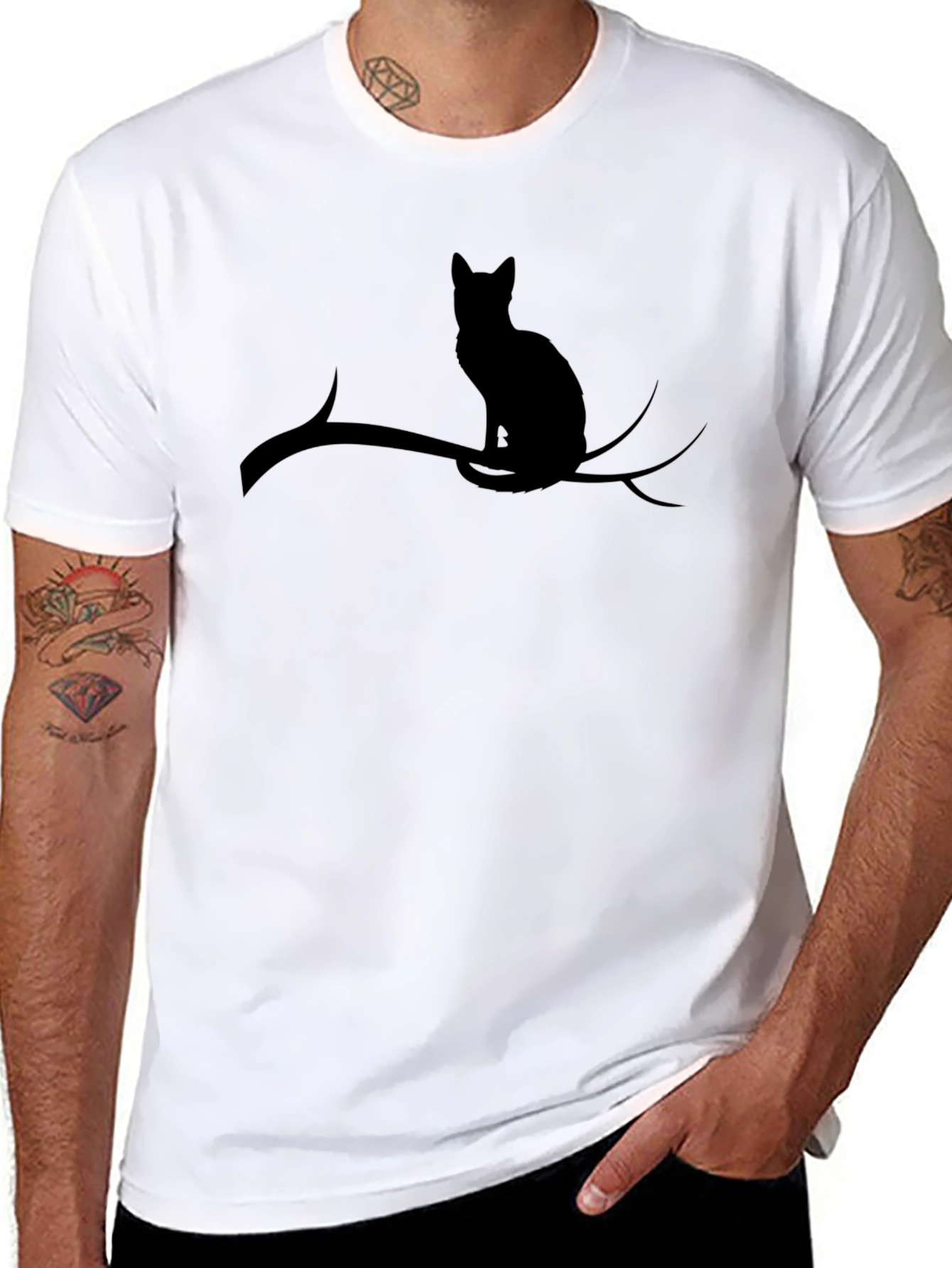 Cat on Branch Black T-Shirt - Unique Design