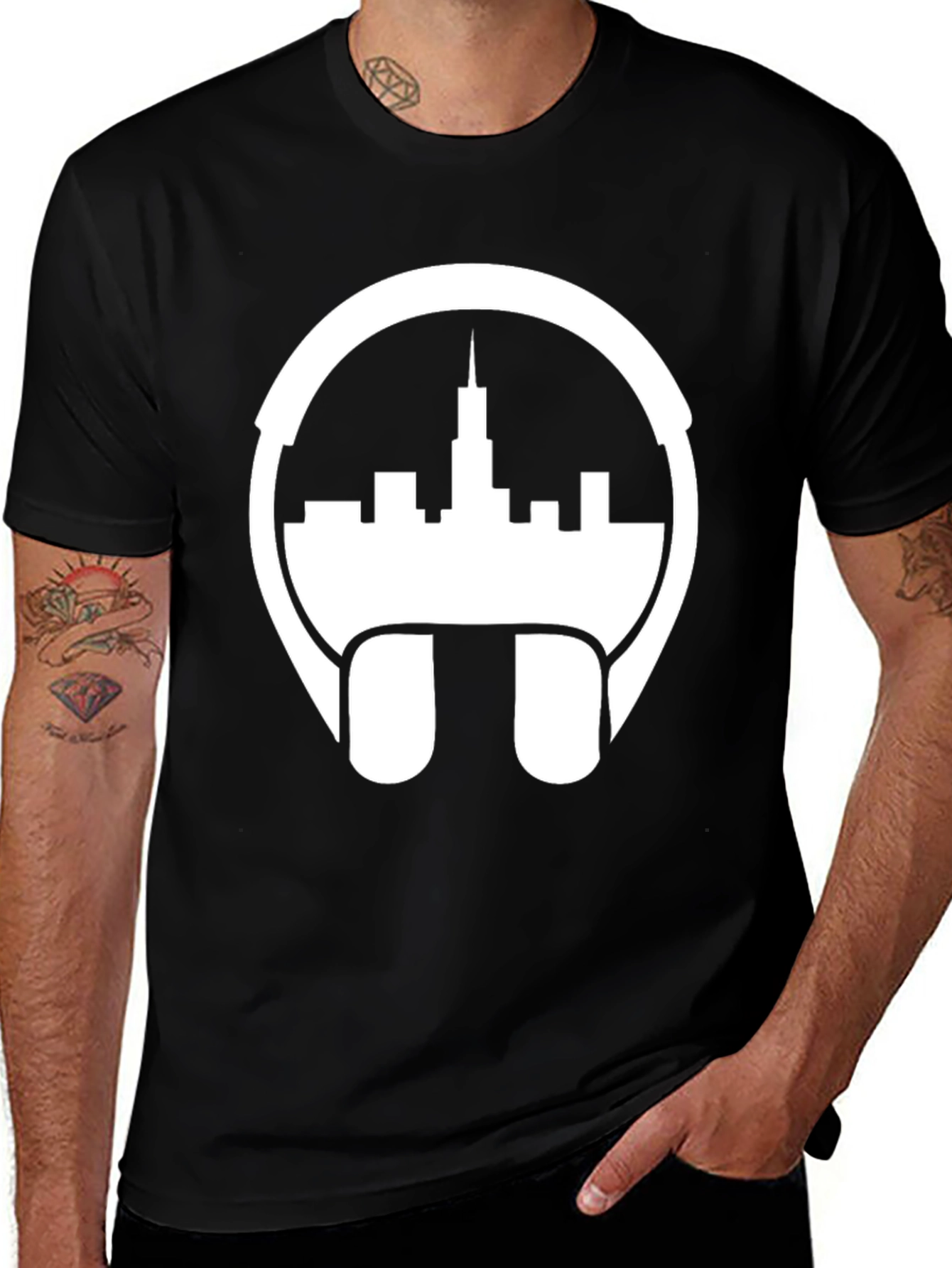 Cityscape Headphones Graphic Tee - Stylish & Unique