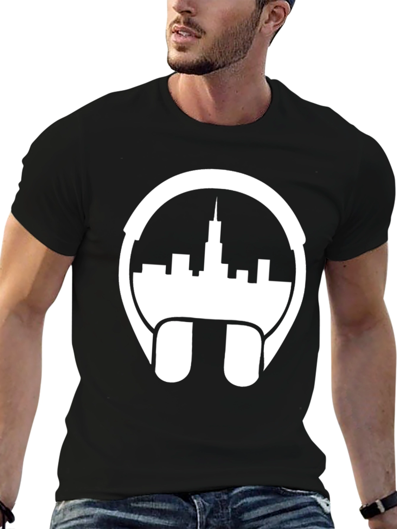 Cityscape Headphones Graphic Tee - Stylish & Unique