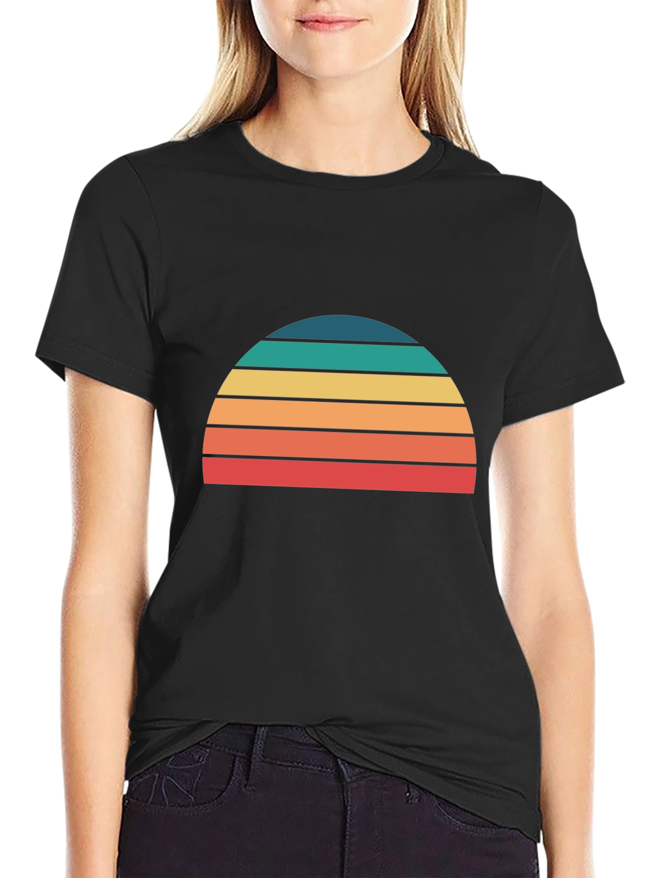 Retro Sunset Striped Graphic Tee - Black