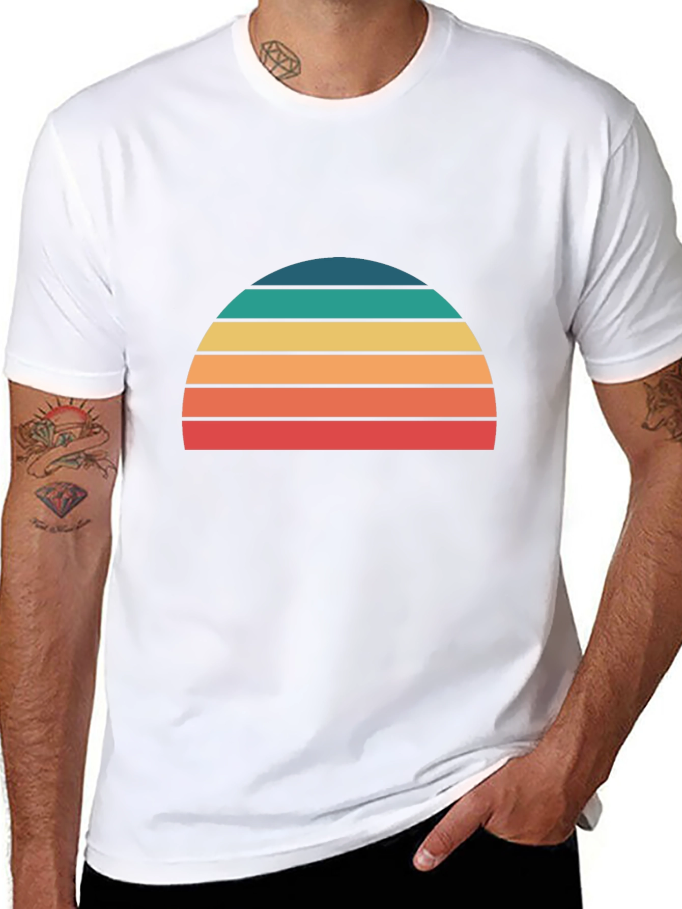 Retro Sunset Striped Graphic Tee - Black