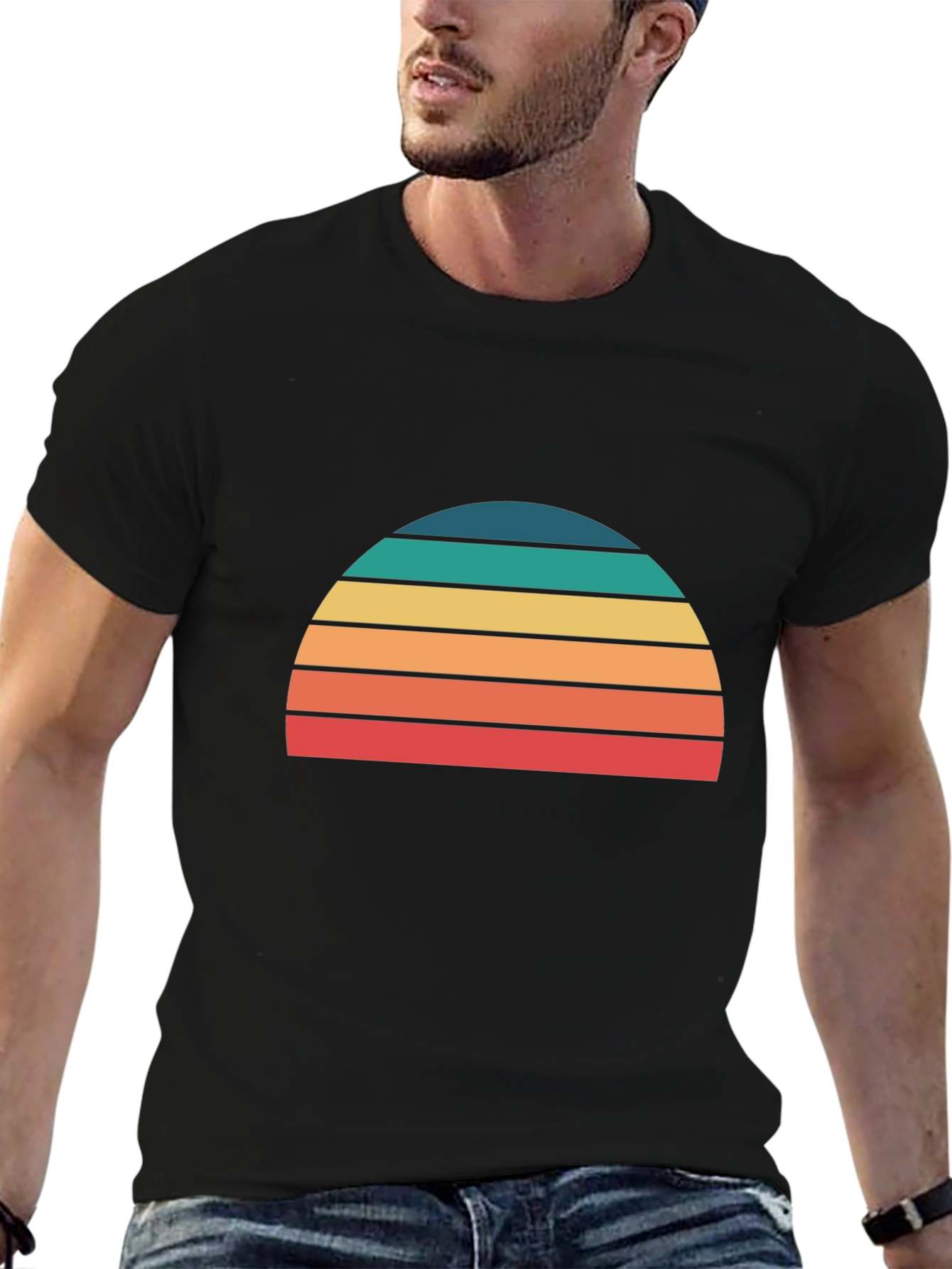 Retro Sunset Striped Graphic Tee - Black